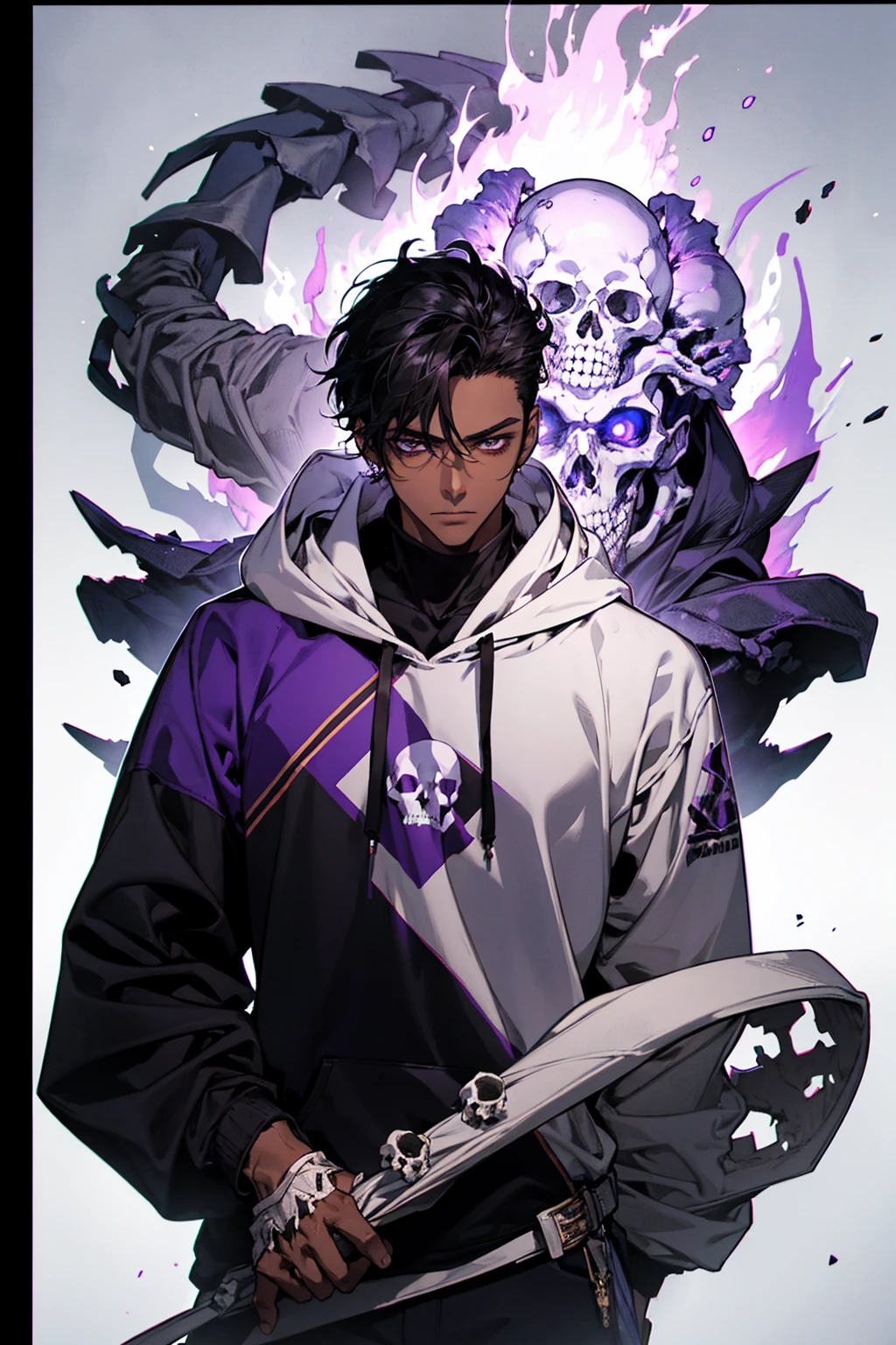 male with bones, looking away from camera, skulls, bones, handsome, black, dark skin, tall, broad shoulders, black hair, purple, purple fire, magic, detailed face, fantasy, hoodie