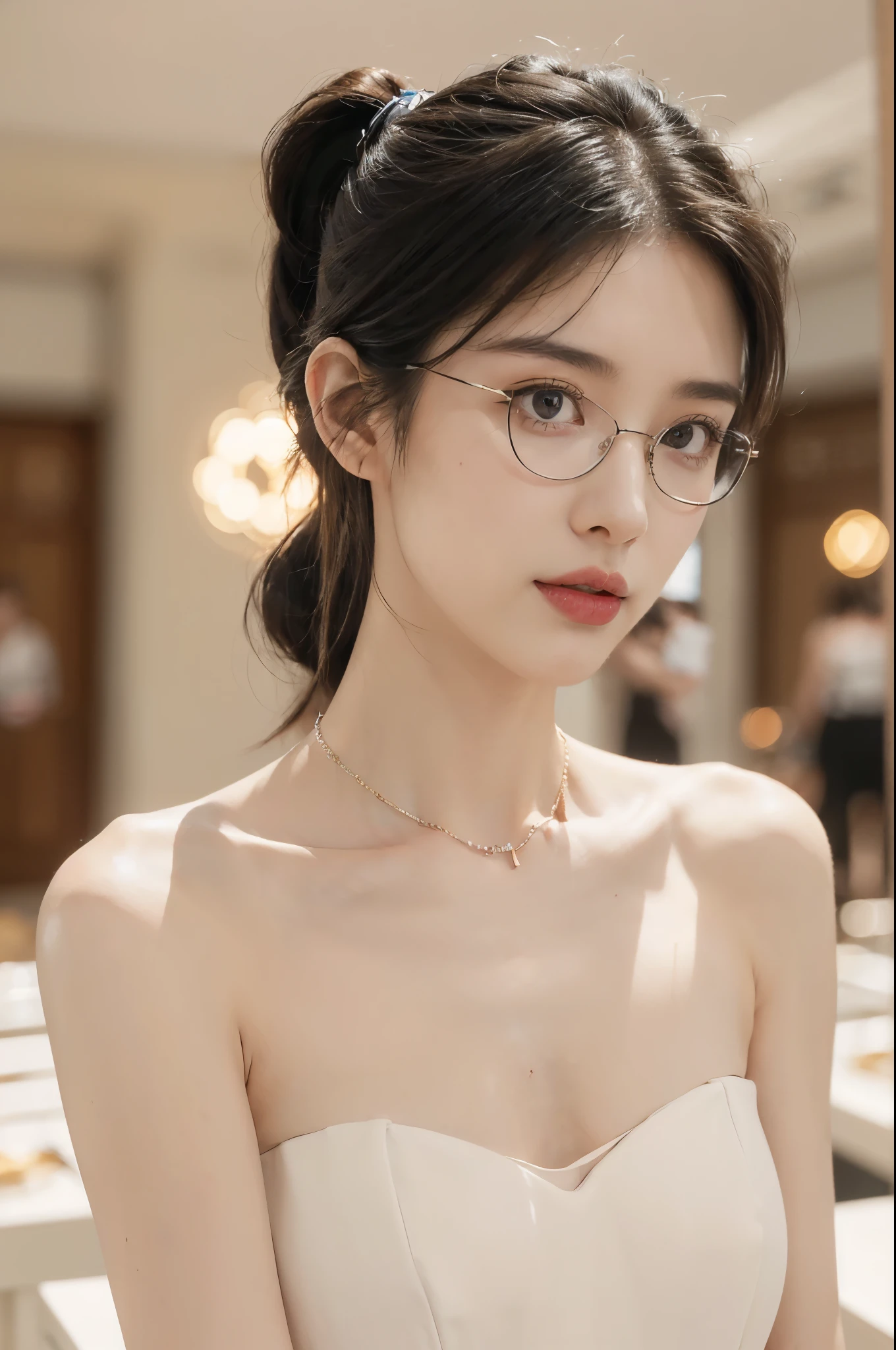 ((((8k))),((Extremely meticulous CG)) ,(wallpaper),16k,((Extremely refined and beautiful)),(((Masterpiece))),(((best qualtiy))),(((Ultra High Resolution))),beautiful light up,Perfect lightning,realistic shaded,(Smooth and flawless skin:1.5),(Extremely exquisite facial details:1.2),(perfect body:1.2),(ultra-detailed),((A beautiful girl,solo)),(small head:1.2),(pale skin:1.3),(short ponytail:1.3),(small face:1.2),(baby face:1.3),(glasses:1.2),(Exquisite makeup:1.2),(red lips:1.2),(parted lips:1.2),(small breasts:1.3),(flat chest:1.2),(claviclies:1.3),(cleavage:1.3),((slim,thin)),(disgusted expression:1.5),(crystal necklace:1.2),(white bra:1.5),(indoor:1.3),(summer:1.3),(detailed background:1.5),(standing:1.3),(close-up of face:1.3),(from front:1.3),(day scene:1.5),(In a luxurious Hall:1.5),(bright and vivid colors:1.3),(surrounded by crowded crowds:1.3),Exchange, stock, trading floor, bustling, vibrant, large open space, polished floor, high ceilings, monitors, real-time market data, phones ringing, traders talking, efficient operation, trading desks, brokers booths, senior staff offices, equipped computers, telephones, raised platform, pit, brokers, dealers, activity, hushed tones, personnel, roles, responsibilities, traders, suits, monitoring screens, market movements, brokers, negotiation, clients, dealers, execution, efficiently effectively, organized space, buying selling stocks