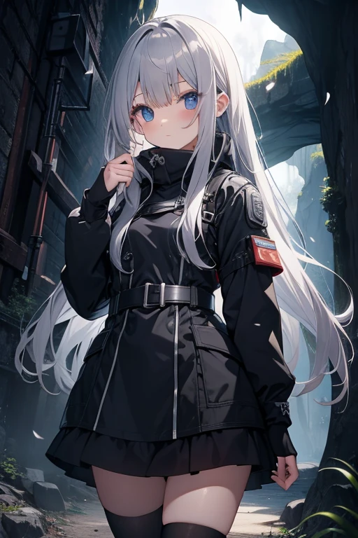 Underground Caves、Dark Underground、Exploring Girl、Long silver hair、An explorer's suit that exposes the navel、Large backpack、Black shorts、Knee-high boots、,For viewers
