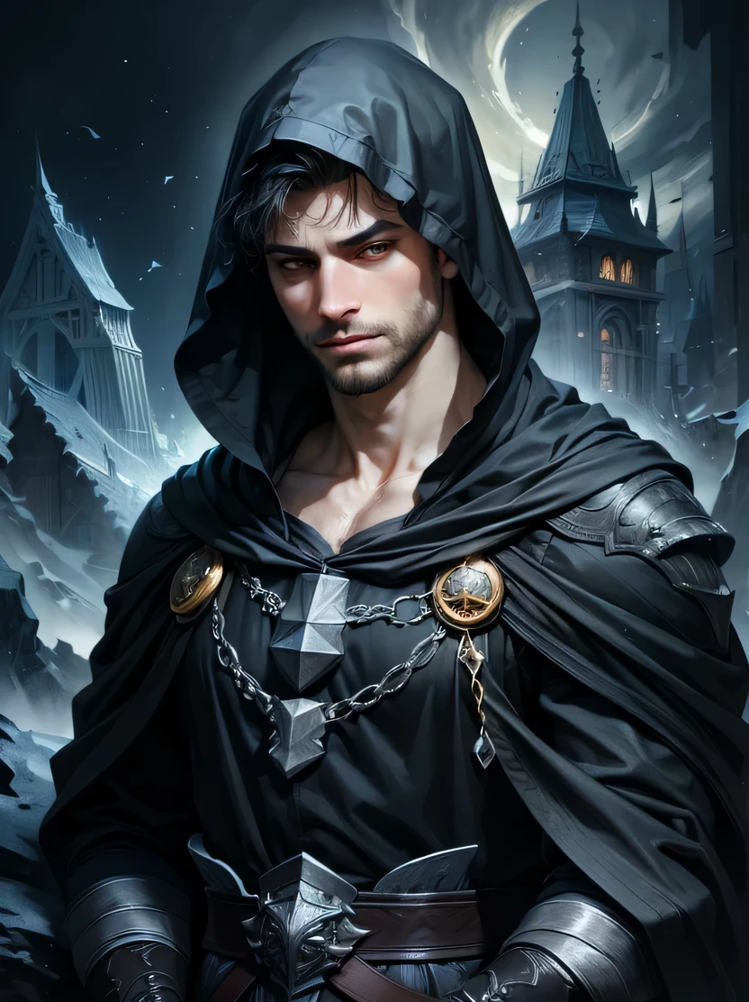 ((masterpiece、highest quality、Very detailed、High resolution、Realistic、Sharp focus))、Bust Shot、Focus on the chest up、Handsome young male wizard wearing a charming hood、(Black Hair、A calm face、Sharp Eye)、beard、Dark atmosphere、View your audience、Detailed depiction of the hand、Dynamic Action、oil painting