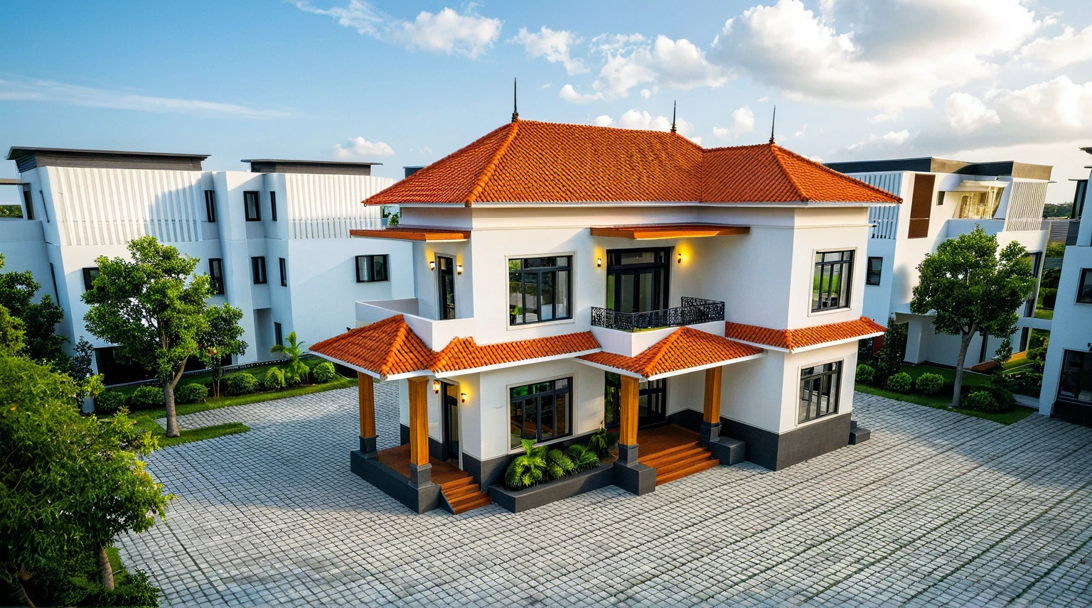 Masterpiece, high quality, best quality, authentic, super detail, outdoors, onestoreyvillaXL, aiaigroup, house style modern on the street, ((luxury villa)), stairs, white wall ,road,pavement, grass, trees, sky, cloud, (daylight:1.1),
