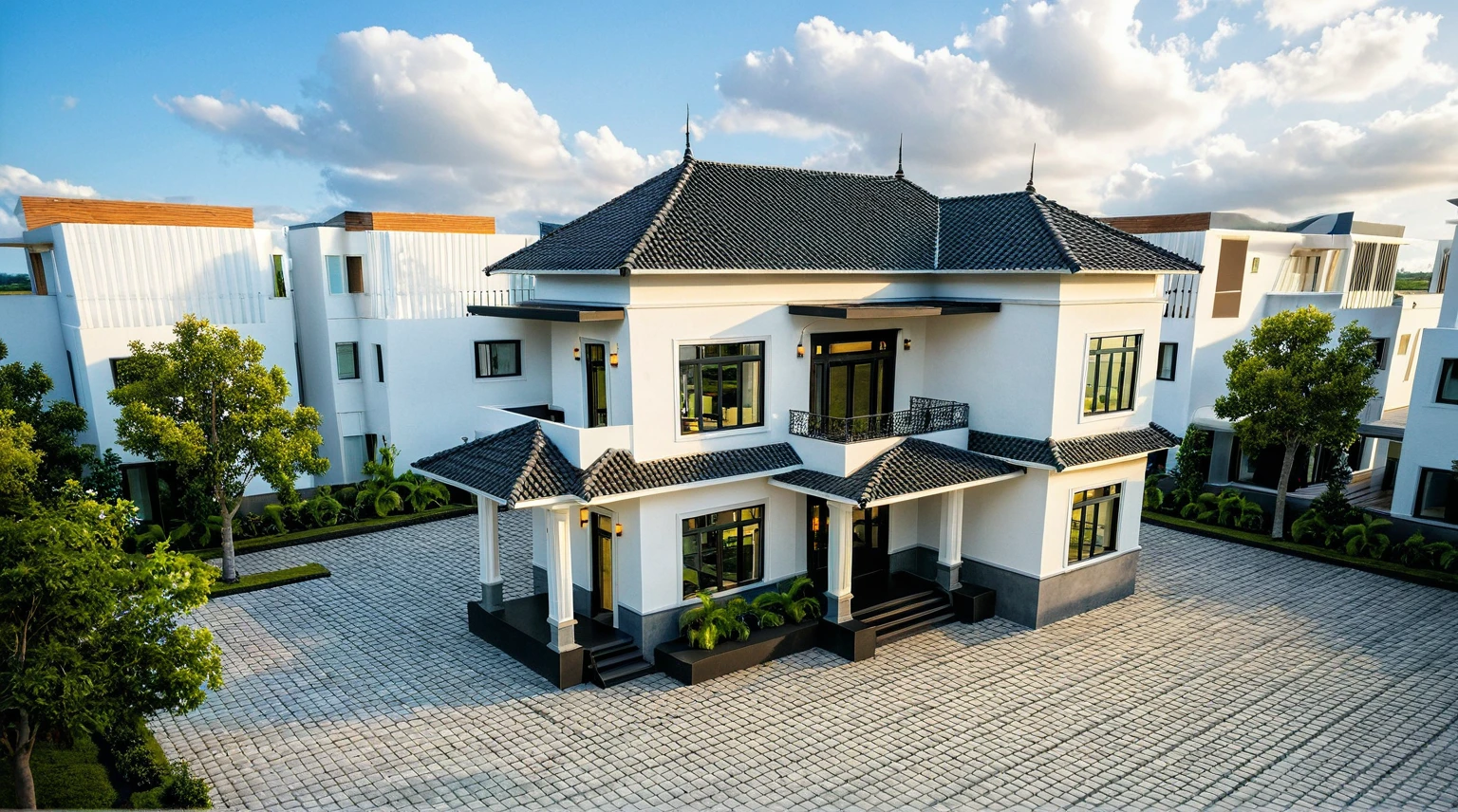 Masterpiece, high quality, best quality, authentic, super detail, outdoors, onestoreyvillaXL, aiaigroup, house style modern on the street, ((luxury villa)), stairs, white wall ,road,pavement, grass, trees, sky, cloud, (daylight:1.1),
