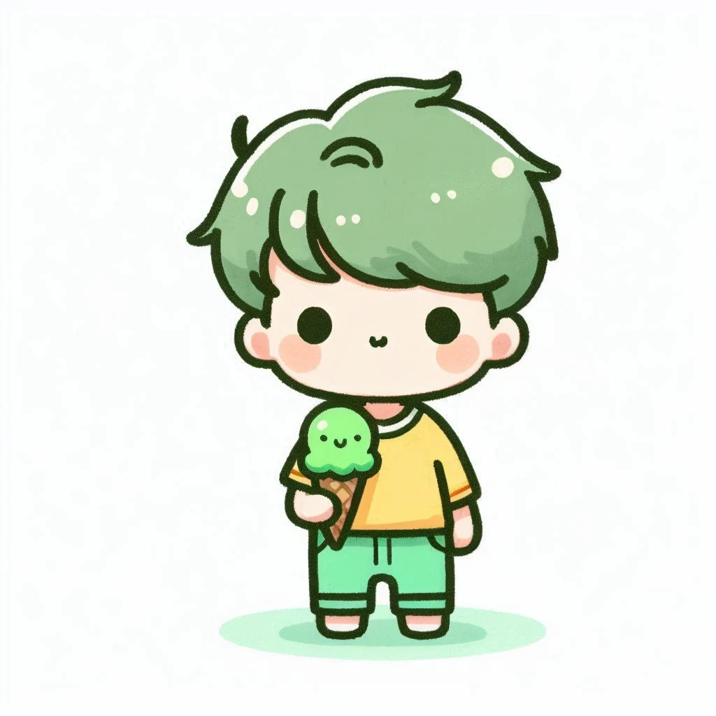 cute kawaii chibi doodle drawing, little boy with yellow hair, holding ice cream while standing, wearing yellow shirt and black pants