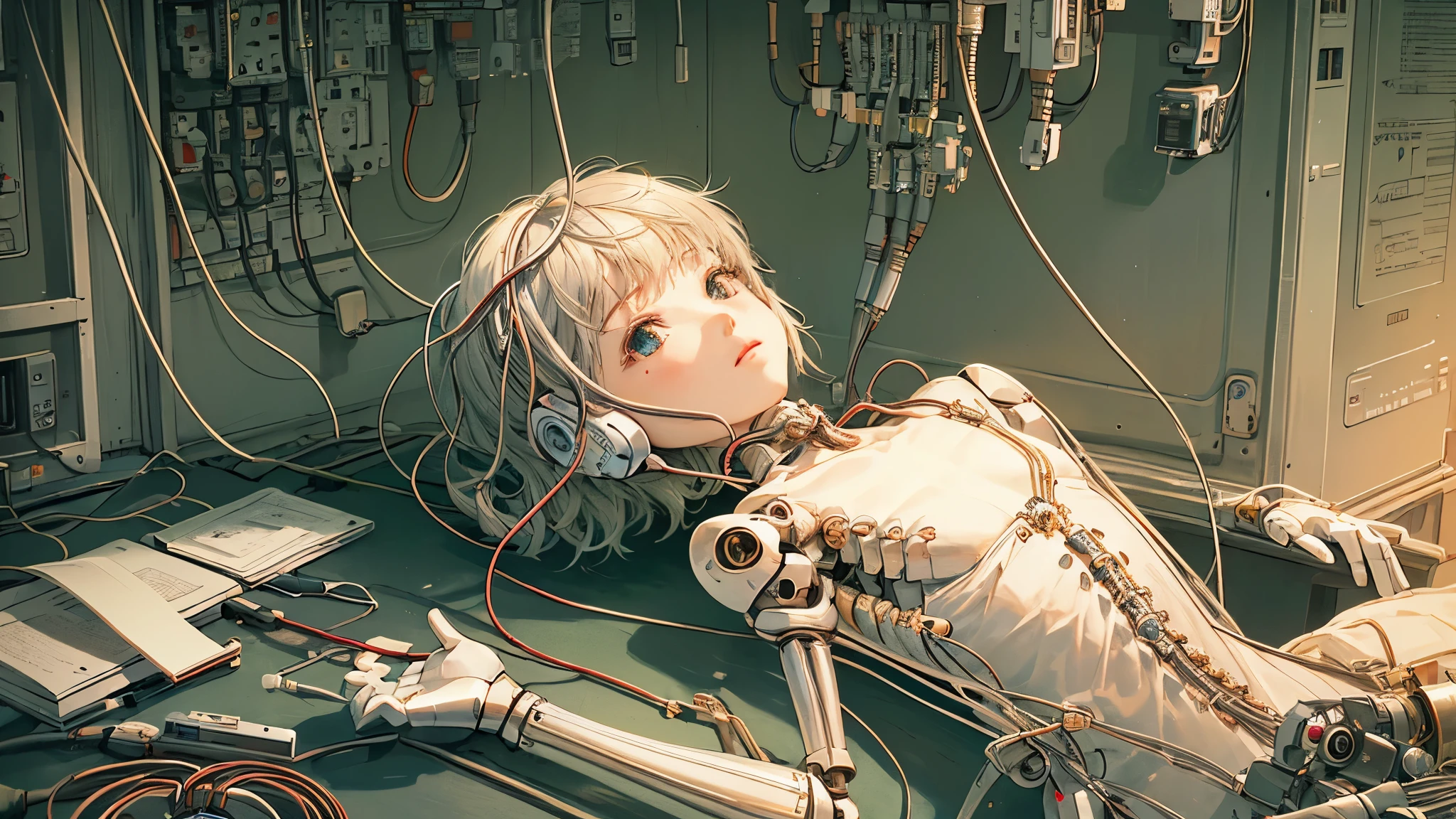 (((masterpiece))), (((highest quality))), ((Very detailed)), (Highly detailed CG illustrations), ((Very delicate and beautiful)),(Cute and delicate face),Light,((1. Machine Girl)),alone,whole body,(Machine made joints:1.4),((Mechanical Limbs)),(Muscles bulge),(Blood vessels are connected to tubes),(Brain in a container:1.3),((Mechanical vertebrae attached to the back)),((Mechanical cervical vertebrae attached to the neck)),((Sitting)),poker face,(Wires and cables attached to head and body:1.5),Small breasts,short hair,(Character Focus),SF,Lying down