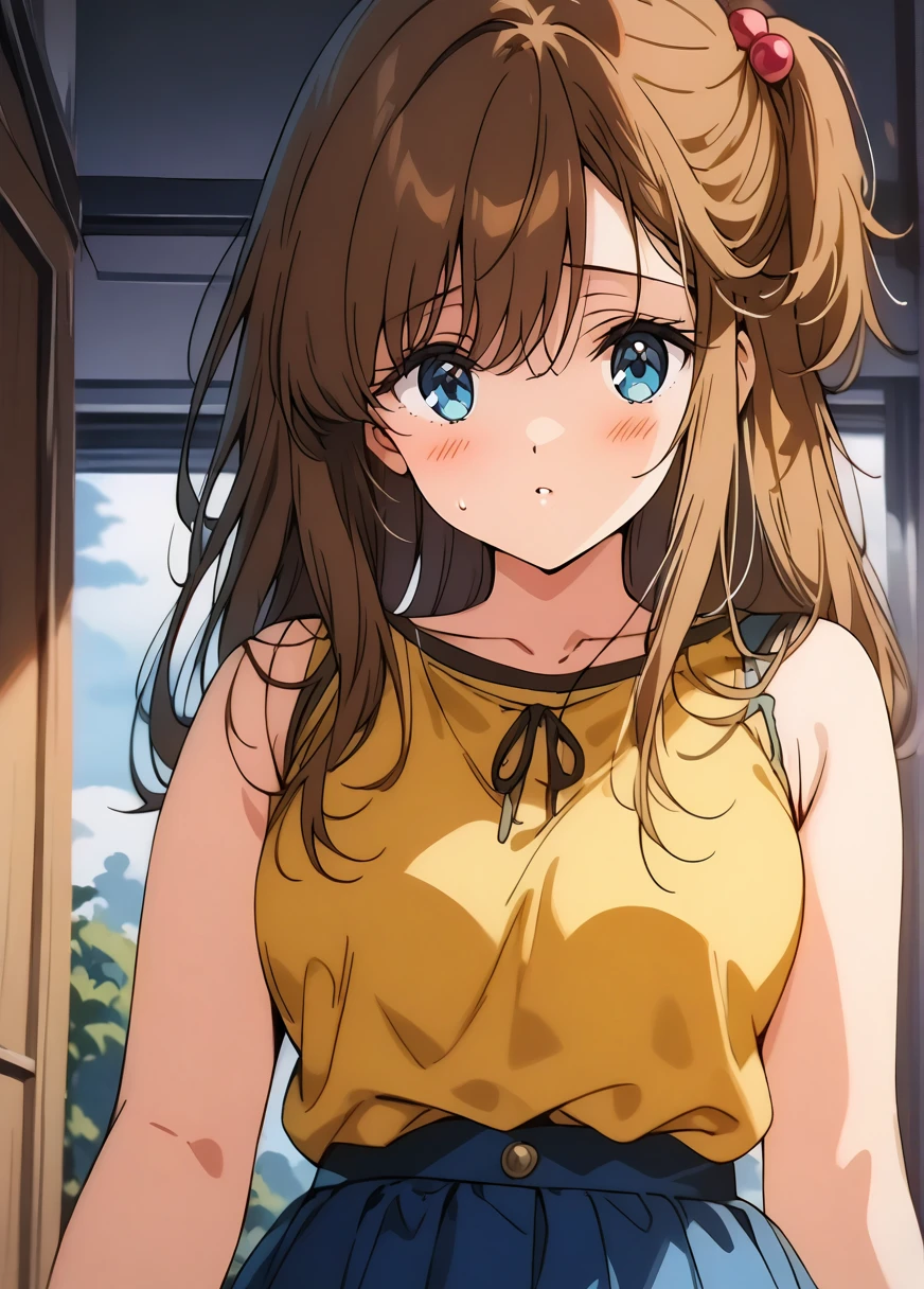 a beautiful girl with blue eyes and brown hair, one side of her hair is up with hair bobbles, she has long hair and a hair ornament, she is wearing a yellow sleeveless shirt and a blue pleated skirt, (best quality,4k,8k,highres,masterpiece:1.2),ultra-detailed