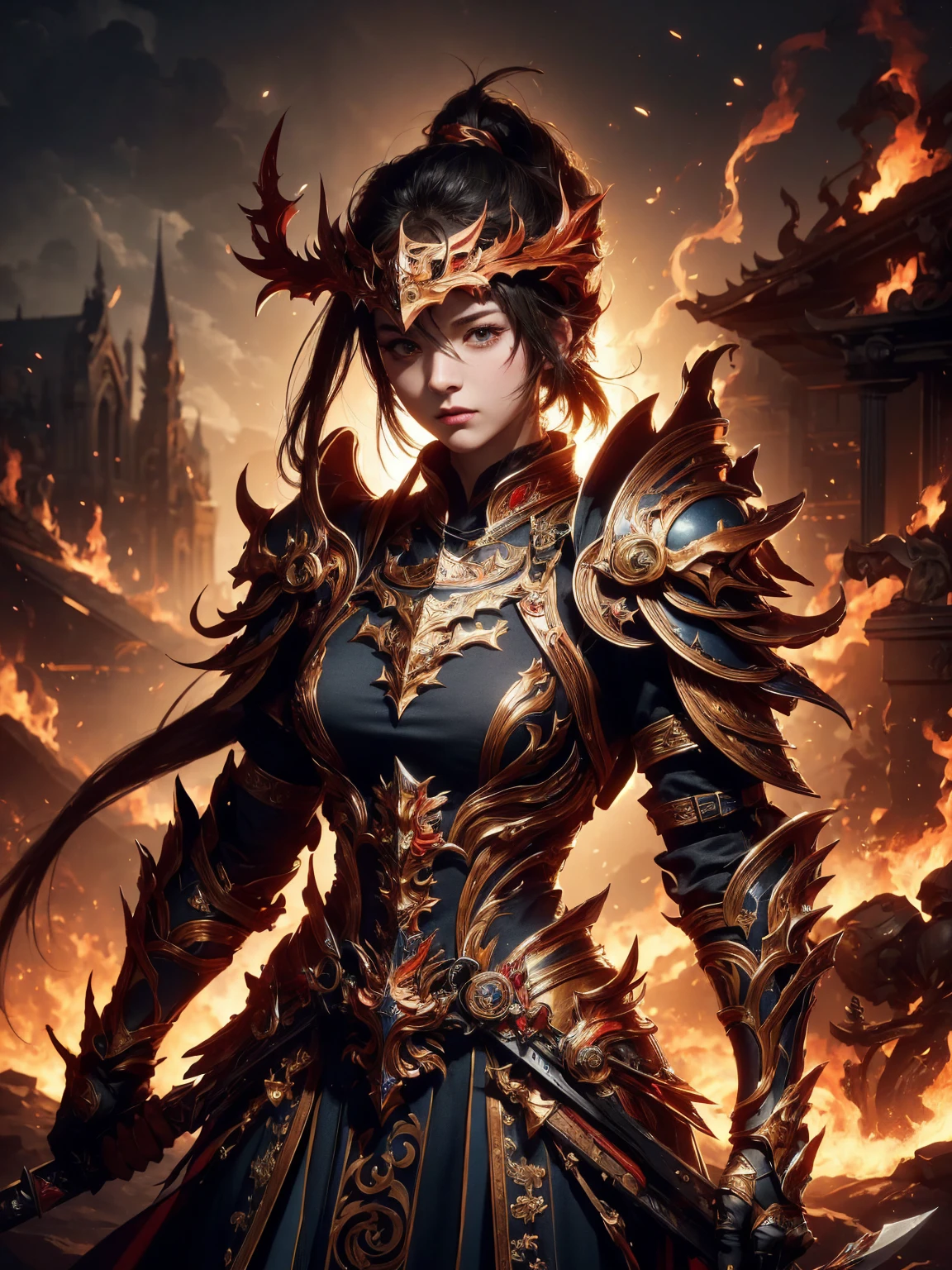 ((Low angle view)), ((Detailed background)), ((Battlefield, group of armies)), (masterpiece, top quality, best quality, official art, beautiful and aesthetic:1.2), (1girl),craft a Hyper-realistic portrayal of a futuristic (1girl1.2), beautiful character donned in intricate armor surrounded by captivating flames, an epic long (sword:1.2), Dynamic pose, Random pose, Dynamic angle, battle stance, Meticulous details capture the intense fusion of tradition and innovation in this visually stunning composition. Trending on Artstation. Perfect lighting,,