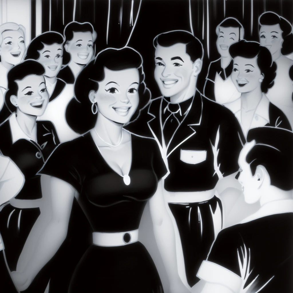 A black and white painting,The painting shows a group of people in a room, author:Bob Singer, Cartoon, Cartoon风格插图, Full page illustration, Bold Line Art, 1950s illustration style, Coloring book pages, Full page illustration, Pageant rendering, celebration, Chroma Key Scene, author:Hugh Hughes, Look at the details, vignette