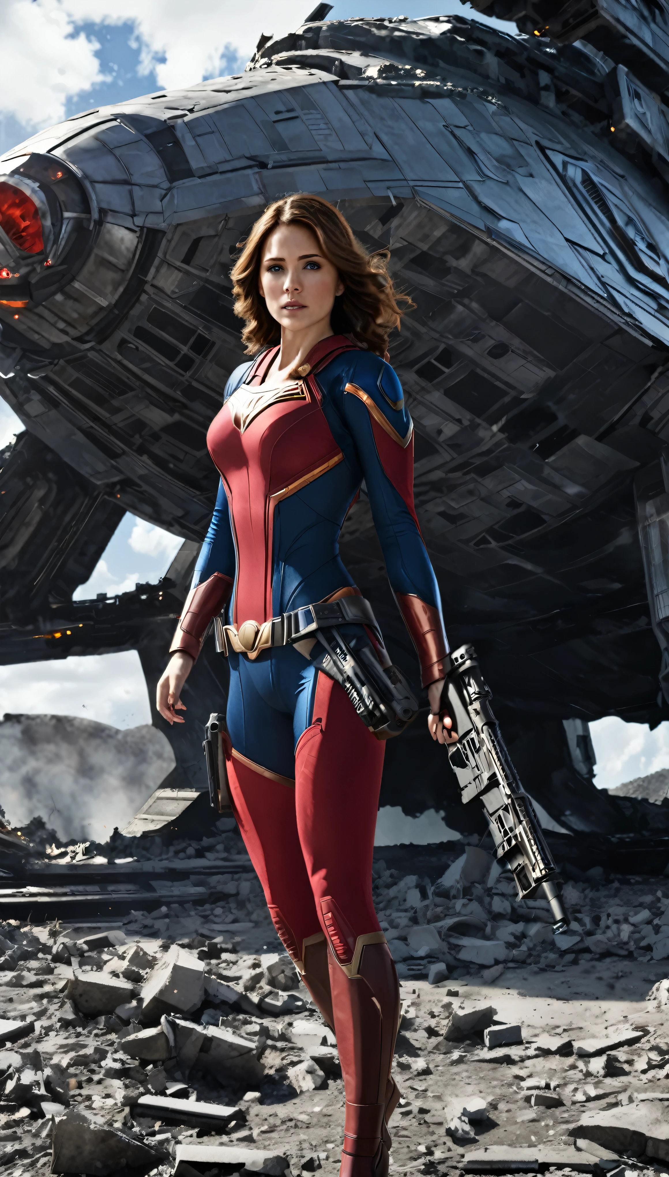 Superwoman High quality gun-equipped female protagonist、Boldly placed in front of a devastatingly destroyed spaceship、It&#39;s reminiscent of the official character art。On a desolate background、Dust from a once thriving galaxy々The remains of the、It reminds me of the setting of a fallen empire.。The surrounding atmosphere　A woman stands out in the foreground.、Her images are ultra-detailed, high-resolution masterpieces.。Slim figure