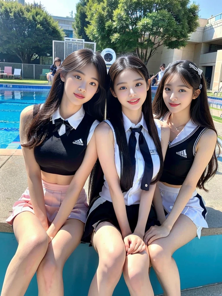 (Super cute Korean gal high school girl takes a photo with two close friends from her class 1.2)(To laugh out loud:1.2)(Beautiful Sweat:1.1)(16k, RAW Photos, highest quality, masterpiece: 1.2),(Mr.々Beautiful blonde with a stylish hairstyle:1.2) Super detailed, Super Resolution, (Genuine, Genuine photos: 1.37), Portraiture, High-resolution RAW color photos, Professional photos, Very detailed, 8k wallpaper, Very detailed CG Unity 8k wallpaper, Very detailed beautiful girls, Very detailed faces, ((whole body)), beautiful woman, Huge breasts,(huge boobs:1.1) (Big Boobs:1.1), Beauty college student (A tight, girly sleeveless with ribbons),high school girl, Korean Girls,(K-POP Female Idols), (Idol-class beauty)(Beautiful high school girl:1.1)(School swimming pool)(18-year-old)(Stylish school uniform-style outfit for summer:1.1)(Group photo:1.2)(Splash:1.1)