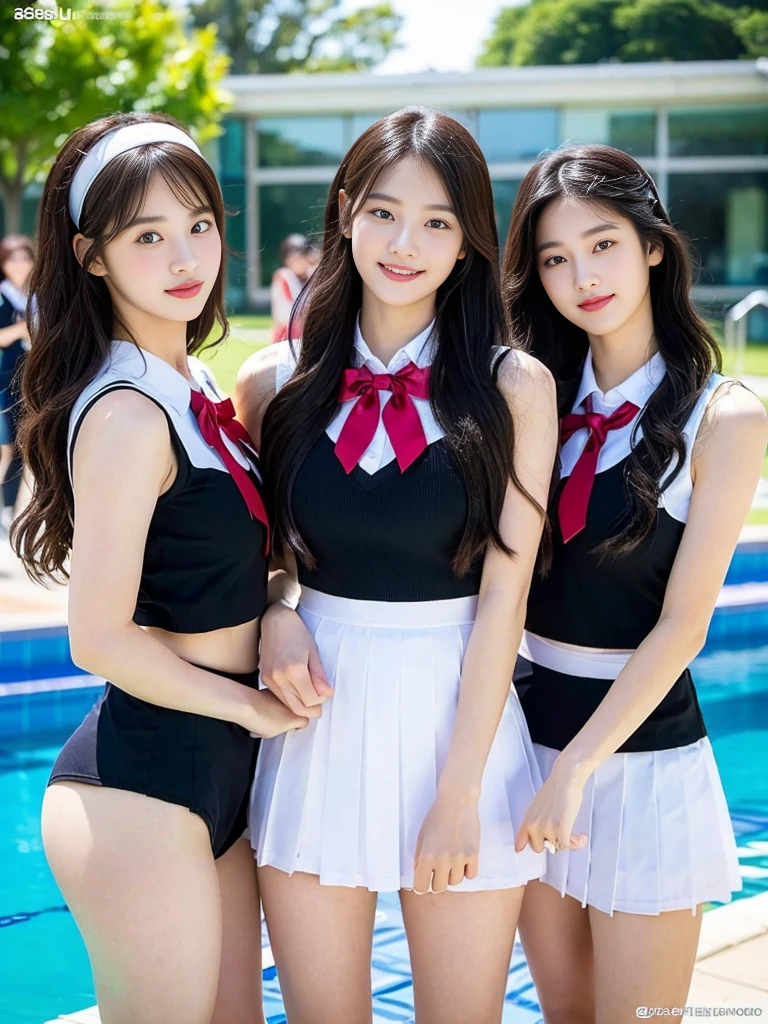 (Super cute Korean gal high school girl takes a photo with two close friends from her class 1.2)(To laugh out loud:1.2)(Beautiful Sweat:1.1)(16k, RAW Photos, highest quality, masterpiece: 1.2),(Mr.々Beautiful blonde with a stylish hairstyle:1.2) Super detailed, Super Resolution, (Genuine, Genuine photos: 1.37), Portraiture, High-resolution RAW color photos, Professional photos, Very detailed, 8k wallpaper, Very detailed CG Unity 8k wallpaper, Very detailed beautiful girls, Very detailed faces, ((whole body)), beautiful woman, Huge breasts,(huge boobs:1.1) (Big Boobs:1.1), Beauty college student (A tight, girly sleeveless with ribbons),high school girl, Korean Girls,(K-POP Female Idols), (Idol-class beauty)(Beautiful high school girl:1.1)(School swimming pool)(18-year-old)(Stylish school uniform-style outfit for summer:1.1)(Group photo:1.2)(Splash:1.1)
