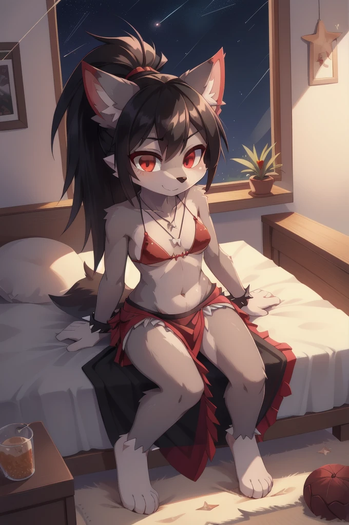 furry girl, wolf, black hair, punk hairstyle, huge long spiky ponytail, anime style, small breasts, red eyes, ((deep red bikini ruffled triangle, high cut bottom, star necklace, beach sarong with shooting stars on hips)), high quality, detailed body, detailed eyes, detailed face, masterpiece, glistening body, detailed body fur, best quality, two tone body, gray fur, clear gray fur, perfect lighting, perfect shadows, perfect eyes, perfect hair, perfect face, gorgeous body, skinny, solo, :3, full body, feets with three toes, 3 toes, bedroom, bed, sit on bed, lick my feet, POV, feet Focus,