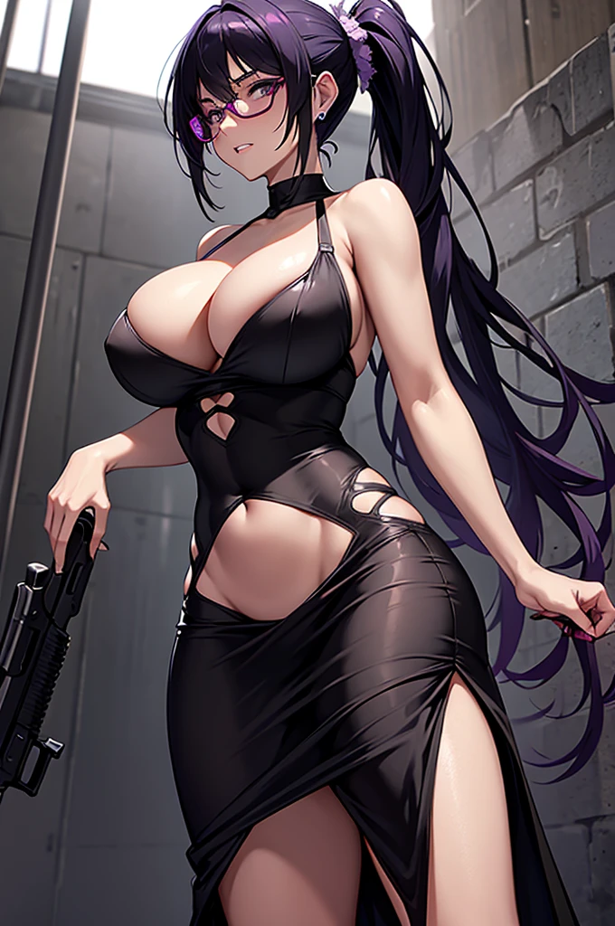 masterpiece,Big Breasts,beauty,Purple glasses,Black Hair,Side Ponytail,Surrounded by zombies,Gritting your teeth,ripped sexy dresses,Holding a gun