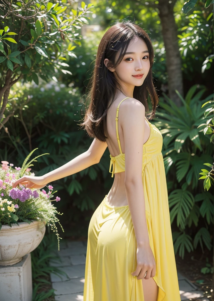 (Best Quality, Masterpiece: 1.2), Portrait, Big , Outdoor, 25-Year-Old Woman in the Garden: 2, White Miniskirt, (Pale Yellow Flower Confusion in the Background: 1.3) Same character, different costume, different angle, backlight: 1.5, rich skin detail: 1.5,