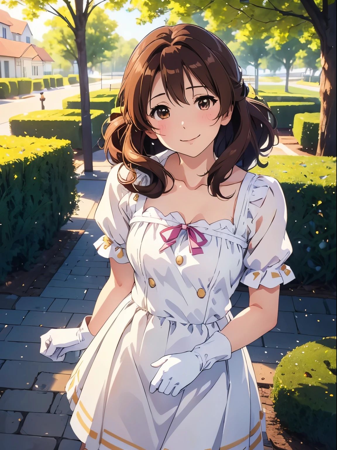 Super detailed, High resolution,  garden、Brown Hair,Kumiko Oumae、Standing、smile、Closed Mouth、Small breasts、Hands Behind Back、White Dress, White gloves,White stockings、(Real、Photorealistic、Photorealistic:1.37)、HDR、UHD、Studio Lighting、Ultra-fine painting,Cowboy Shot、4Ｋ，8Ｋ