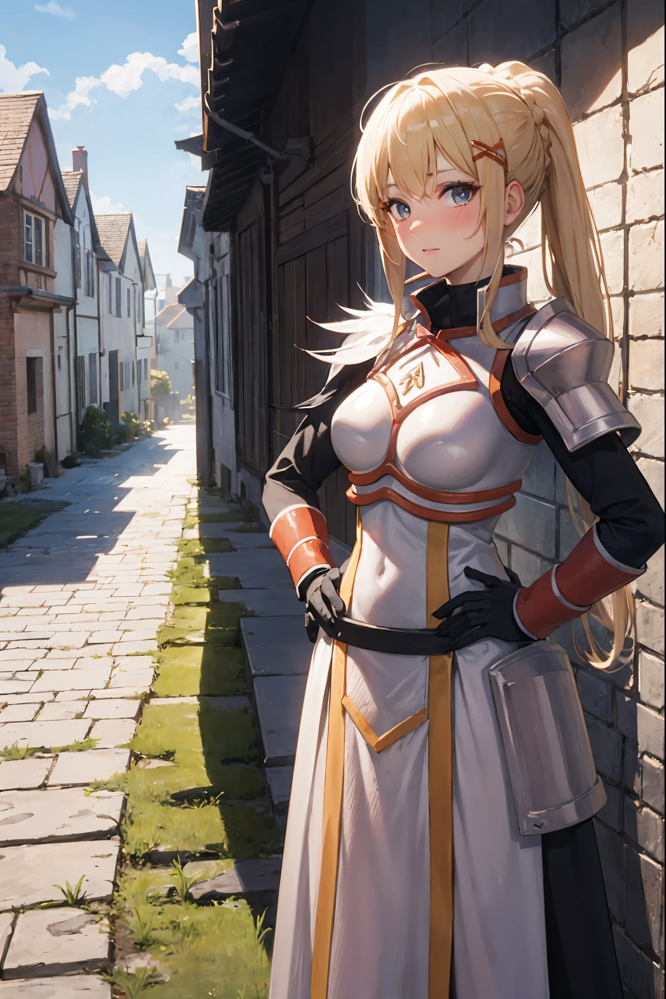 masterpiece, Highest image quality, ultra high resolution, blonde hair, long hair with pony tail, hair ornament, armor, knight, city background, medieval, village, old houses, hands on hips, facing the viewer, looking at the viewer, blushing, red face