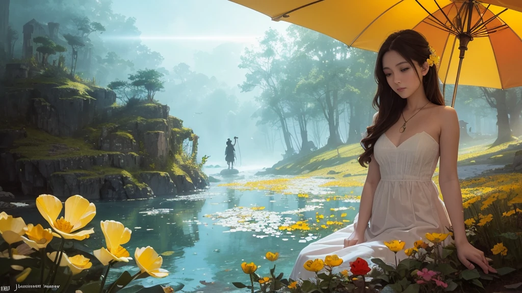 32k, Masterpiece, highest quality, One girl, Detailed eyes, flower,Sandersonia, Yellow and white style,A dreamy, romantic piece,Pale orange, Mysterious Leaves,A playful arrangement,Fantasy,High Contrast,Ink strokes,explosion,Exposure, Impression of yellow and white tones,Abstract,((Watercolours by John Berkey and Jeremy Mann )) Brush strokes,Negative Space, Tyndall effect,