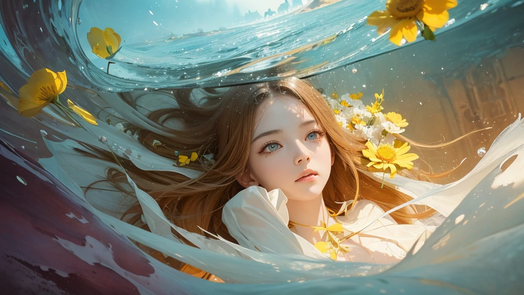 32k, Masterpiece, highest quality, One girl, Detailed eyes, flower,Sandersonia, Yellow and white style,A dreamy, romantic piece,Pale orange, Mysterious Leaves,A playful arrangement,Fantasy,High Contrast,Ink strokes,explosion,Exposure, Impression of yellow and white tones,Abstract,((Watercolours by John Berkey and Jeremy Mann )) Brush strokes,Negative Space, Tyndall effect,