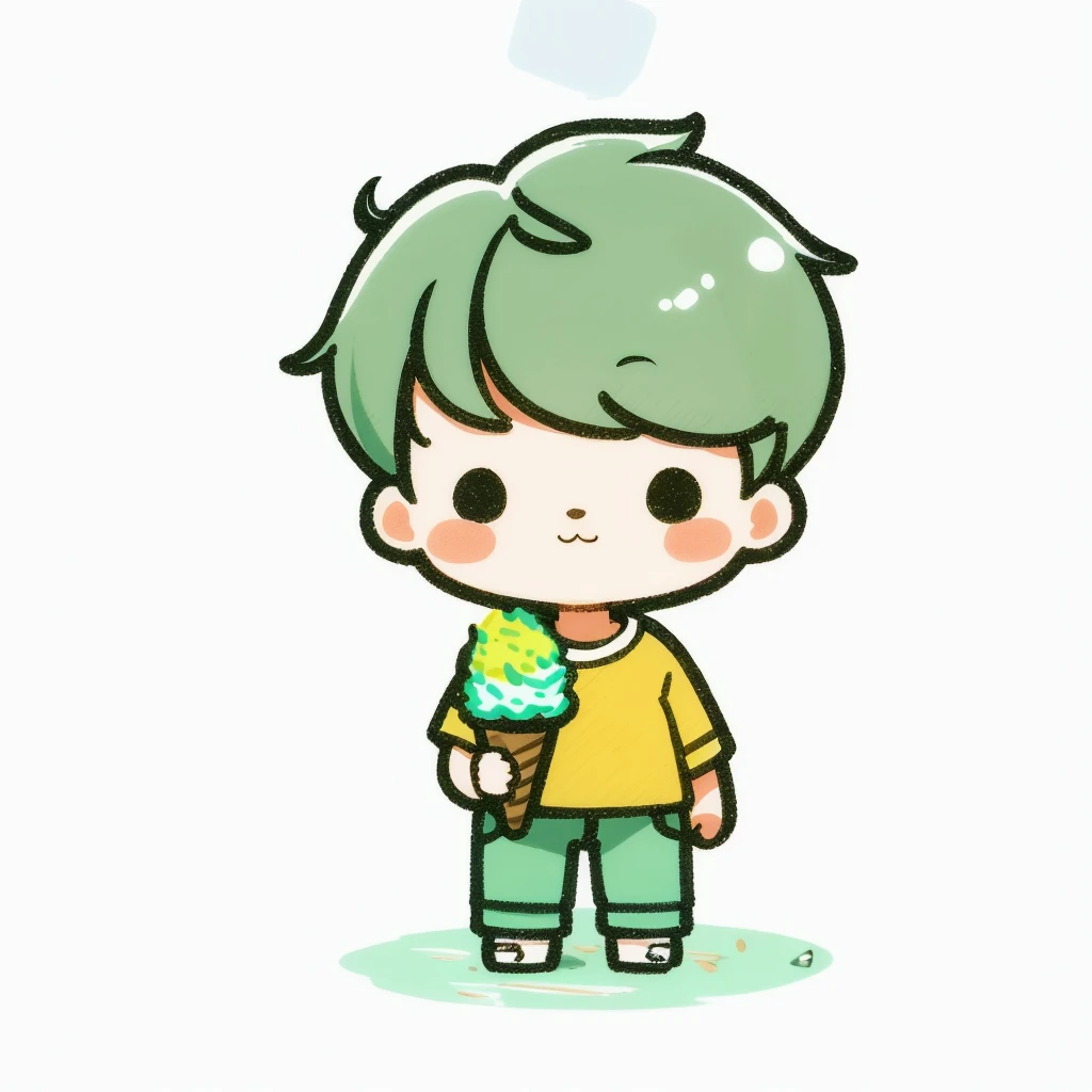 cute kawaii chibi doodle drawing, with yellow hair, holding ice cream while standing, wearing yellow shirt and black pants