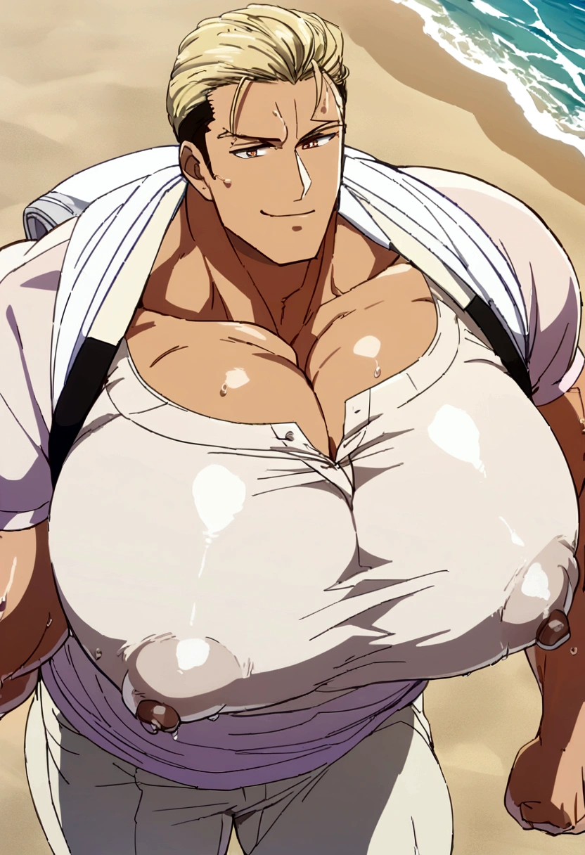 An ultradetailed painting of a stylish and chiseled handsome young man wearing beachwear clothing running on a tropical beach, anime, intricate, blonde Australian , light brown eyes, in the style of J.C. Leyendecker(((wet chest backpack ))) hugging blond smiling boy, ((very big pecs, huge pecs, hyper pecs)),