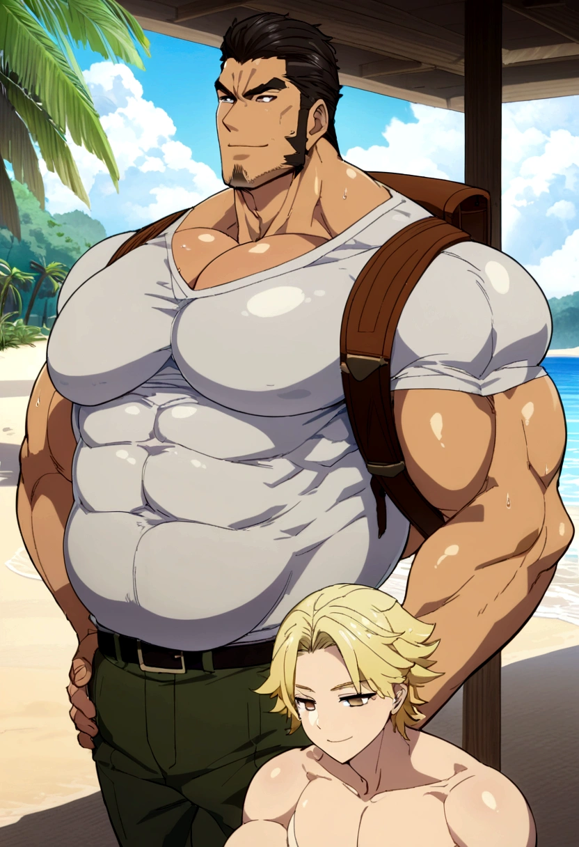 An ultradetailed painting of a stylish and chiseled handsome young man wearing beachwear clothing running on a tropical beach, anime, intricate, blonde Australian , light brown eyes, in the style of J.C. Leyendecker(((wet chest backpack ))) hugging blond smiling boy, ((very big pecs, huge pecs, hyper pecs)),