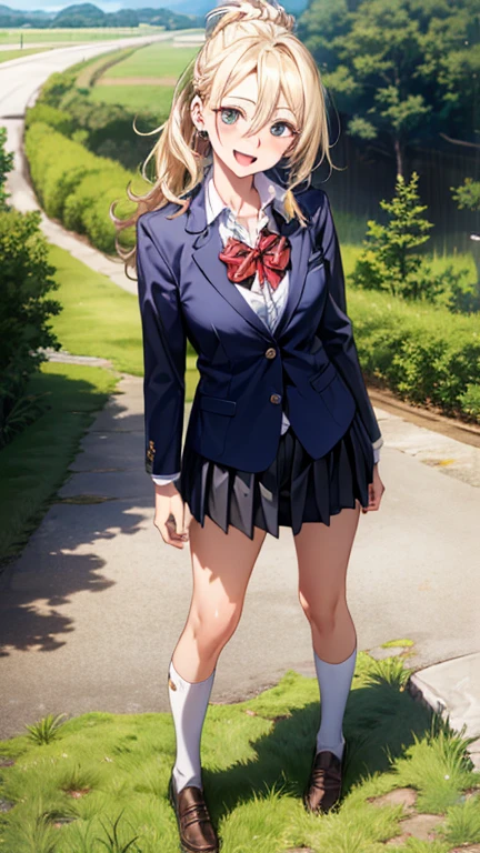 (masterpiece:1.3, top-quality, ultra high res, ultra detailed), (realistic, photorealistic:1.4), beautiful illustration, perfect lighting, colorful, depth of fields,
beautiful detailed hair, beautiful detailed face, beautiful detailed eyes, beautiful clavicle, beautiful body, beautiful chest, beautiful thigh, beautiful legs, beautiful fingers,
looking at viewer, 1 girl, japanese, high school girl, perfect face, (perfect anatomy, anatomically correct), cute and symmetrical face, face, , shiny skin,
(middle hair:1.5, topknot, loose hair, blonde hair), hair between eyes, dark green eyes, drooping eyes, big eyes, long eye lasher, (medium breasts), slender,
((navy blazer, collared white shirt, navt pleated skirt)), dark red bow tie, piercing, hair scrunchie,
(beautiful scenery), evening, (park), standing, hands between legs, (lovely smile, upper eyes, open mouth),