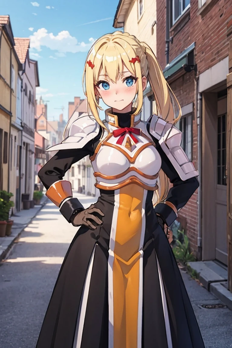 masterpiece, Highest image quality, ultra high resolution, blonde hair, long hair with pony tail, hair ornament, armor, knight, city background, medieval, village, old houses, hands on hips, facing the viewer, looking at the viewer, blushing, red face