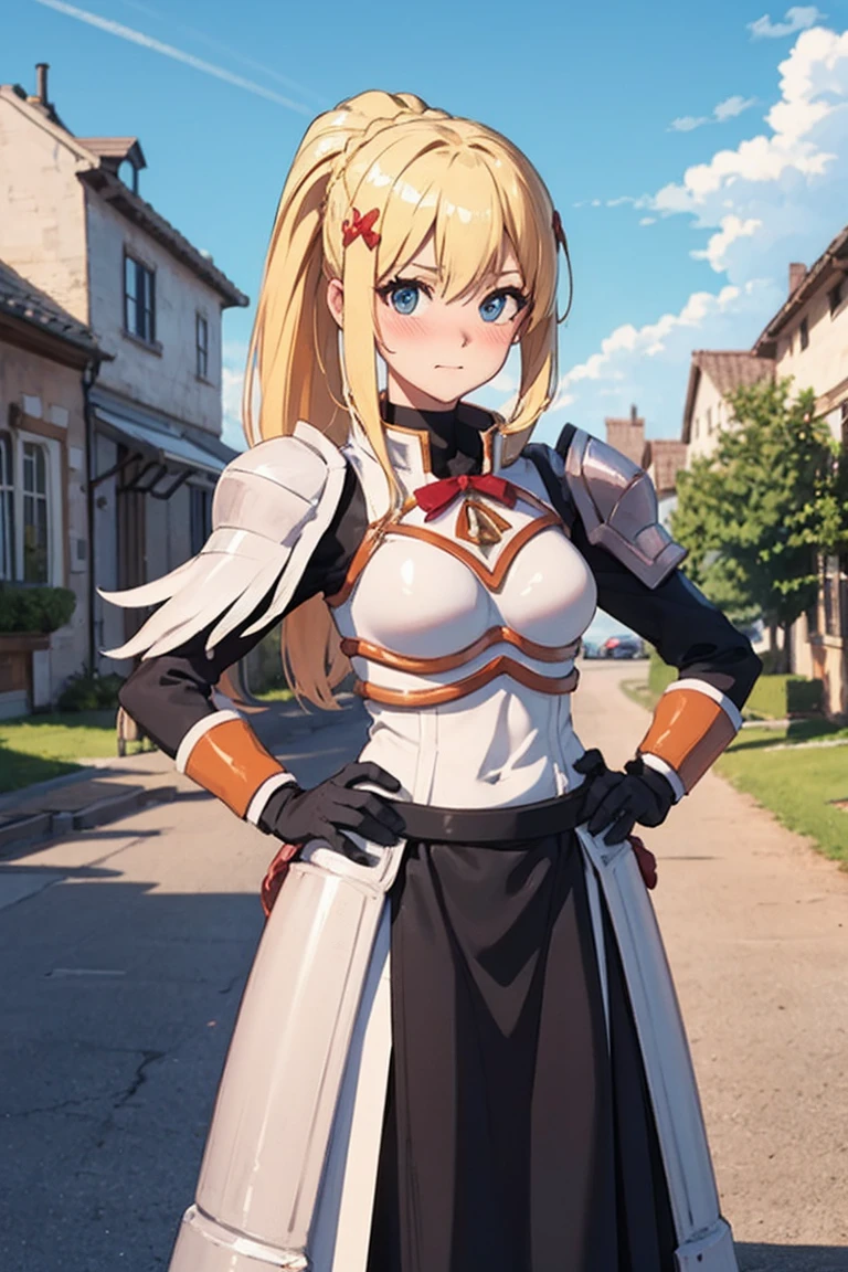 masterpiece, Highest image quality, ultra high resolution, blonde hair, long hair with pony tail, hair ornament, armor, knight, city background, medieval, village, old houses, hands on hips, facing the viewer, looking at the viewer, blushing, red face