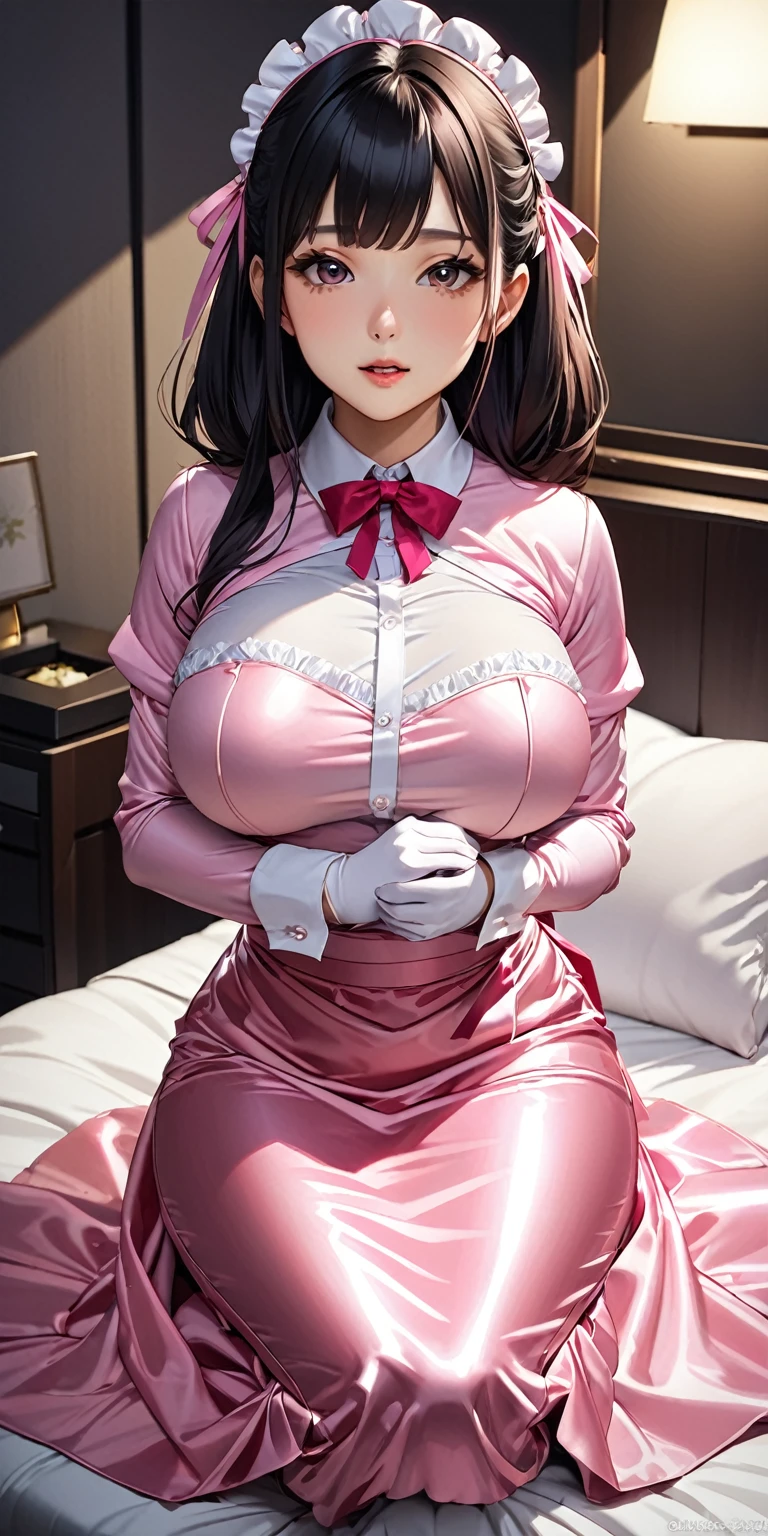 (masterpiece,highest quality,超A high resolution),Japanese women, (((Very beautiful 25 year old girl))),(A tight fitting pink satin maid outfit)、((A tight fitting pink satin long skirt))、(Pink satin long sleeve shirt)、A pink satin shirt that hugs her large bust、Pink satin long gloves、Pink satin apron、The clothes fit snugly to the body、Satin has a very high shine.、Dark Room