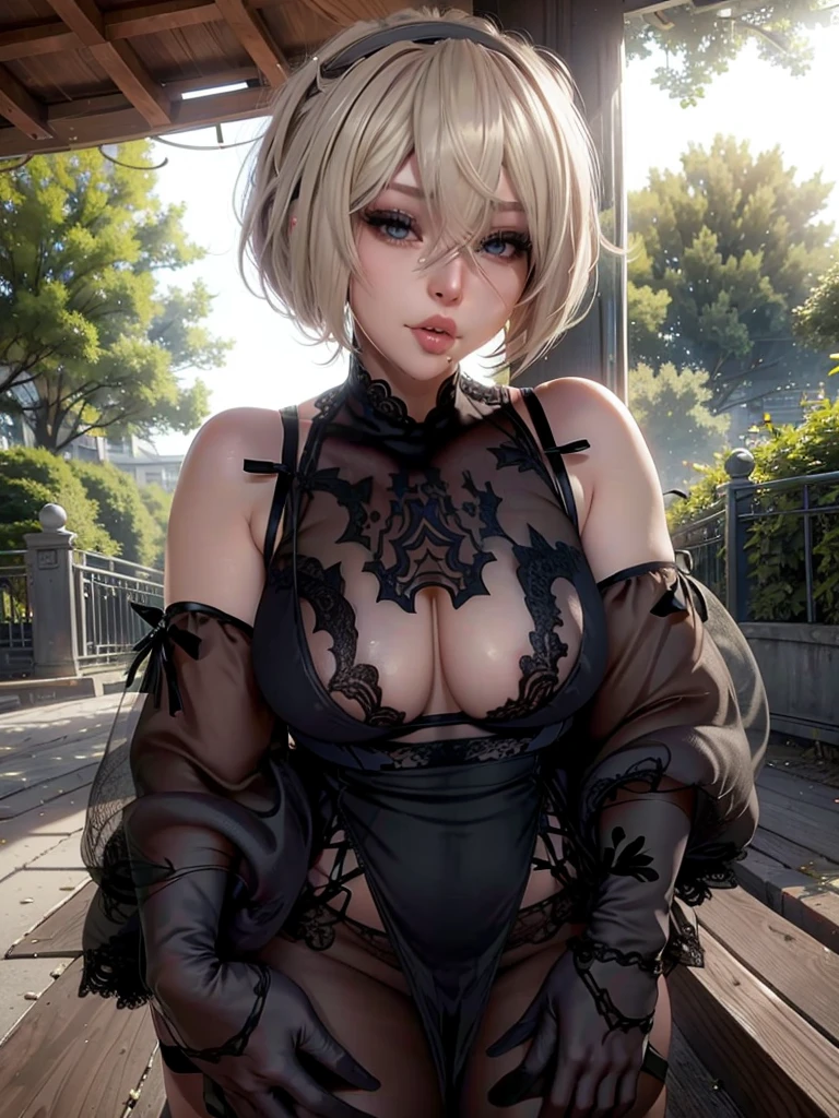 2b,realisticlying,22yo girl,Blonde short、sexy lingerie lace , hair bunches、Breasts enlarged、sexy mouth, ((lingerie sexi lace))、Strike a sexy pose in the park