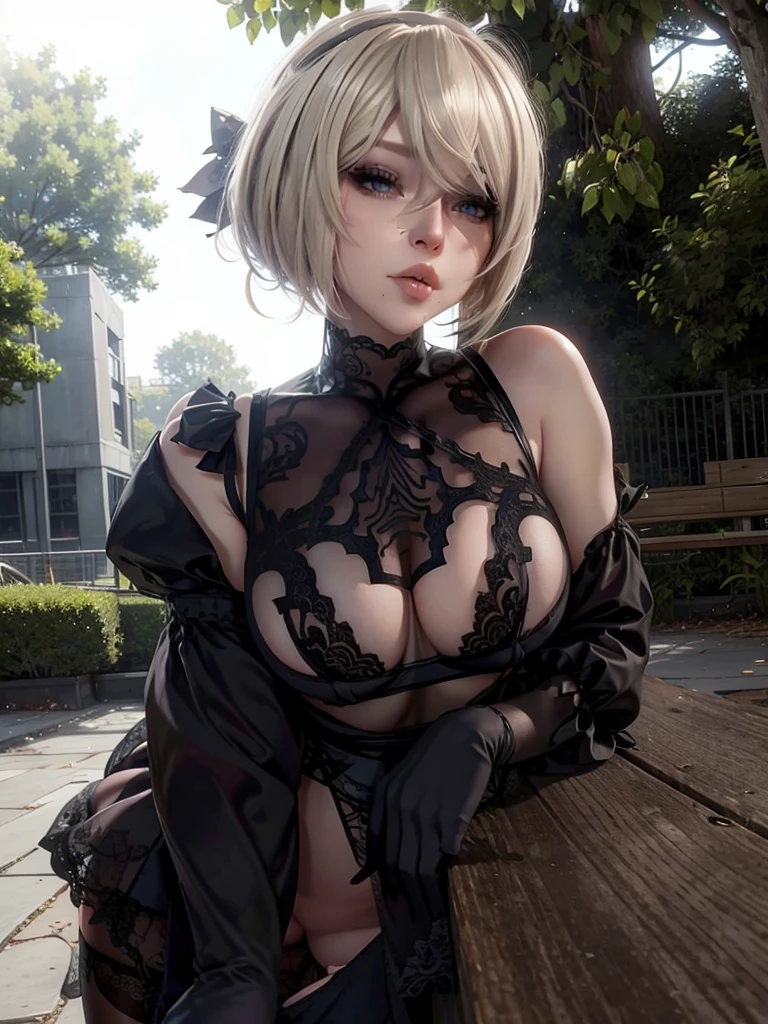 2b,realisticlying，22yo girl，Blonde short、sexy lingerie lace , hair bunches、Breasts enlarged、sexy mouth, ((lingerie sexi lace))、Strike a sexy pose in the park
