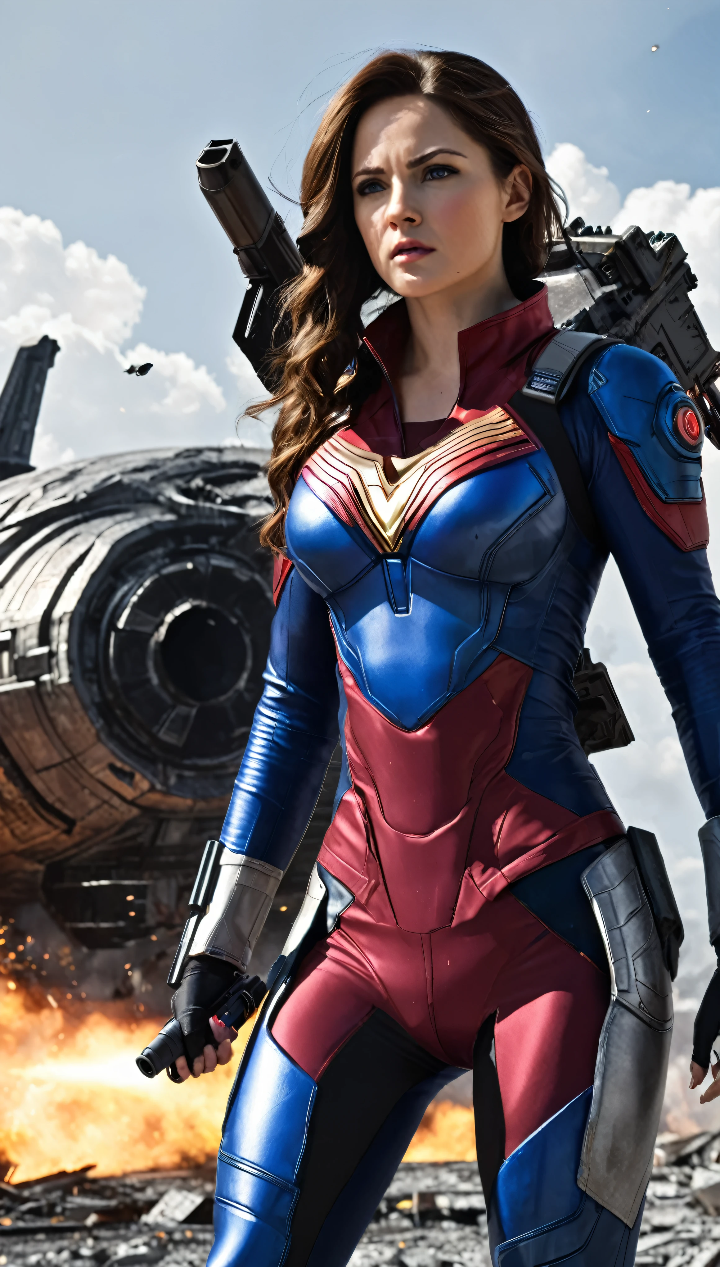 Superwoman High quality gun-equipped female protagonist、Boldly placed in front of a devastatingly destroyed spaceship、It&#39;s reminiscent of the official character art。On a desolate background、Dust from a once thriving galaxy々The remains of the、It reminds me of the setting of a fallen empire.。The surrounding atmosphere　A woman stands out in the foreground.、Her images are ultra-detailed, high-resolution masterpieces.。Slim figure