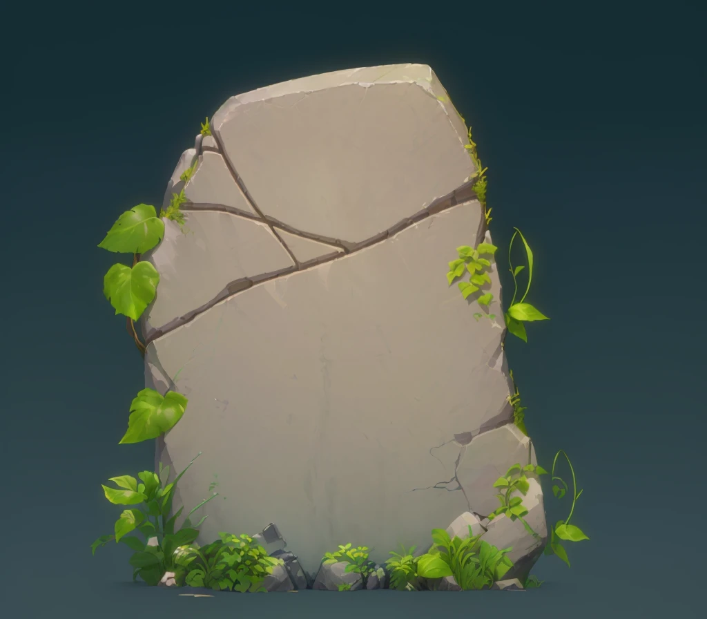 There is a stone,There are vines growing on it, Game assets, Site background, background technology, Game assets of plant and tree, Flat stone relief, 3D rendering style, background technologywork, jungle background with ruins, Overgrown background, Mobile game background, Stylized game art, seperated Game assets, slate, Runestones