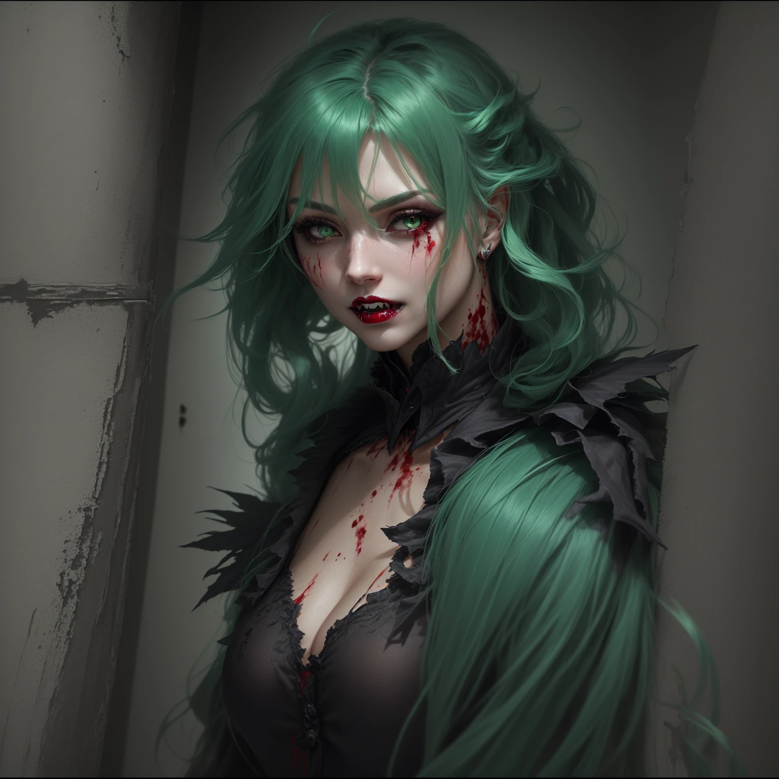 Dark mysterious vampire woman with fangs , with green hair, black shirt and grey eyes, There were blood stains at the corners of the mouth, 8k, Realistic pictures 