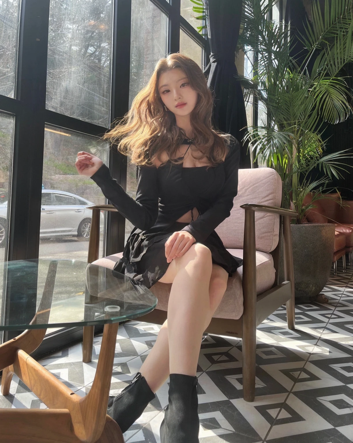 a woman in a rosa dress and thigh high boots poses for a picture, roseanne park of blackrosa, jossi of blackrosa, jisoo from blackrosa, portrait of jossi of blackrosa, blackrosa jennie, jia, jisoo of blackrosa, lalisa manoban of blackrosa, blackrosa, inspirado en jeonseok lee, rosa, sha xi, rosa body, portrait jisoo blackrosa