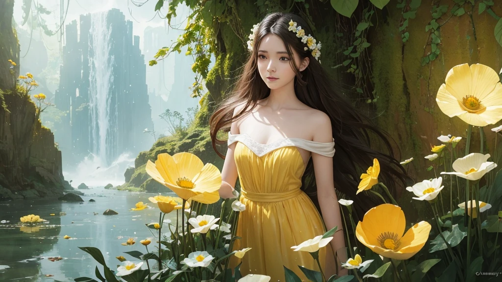 32k, Masterpiece, highest quality, One girl, Detailed eyes, flower,Sandersonia, Yellow and white style,A dreamy, romantic piece,Pale orange, Mysterious Leaves,A playful arrangement,Fantasy,High Contrast,Ink strokes,explosion,Exposure, Impression of yellow and white tones,Abstract,((Watercolours by John Berkey and Jeremy Mann )) Brush strokes,Negative Space, Tyndall effect,