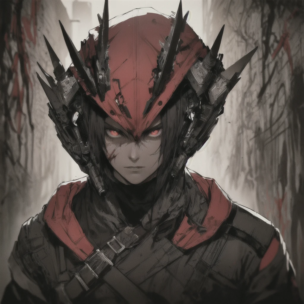 (dark shot: 1.1), epic realistic, 1male, battle scars, a sleek black jumpsuit, with a cool leather jacket, dark crimson red eyes, short spikey hair, red hood outlaw from dc, black and red color scheme, grunge aesthetics!!! graffiti tag wall background, art by Greg Rutkowski and artgerm, soft cinematic light, Adobe Lightroom, darkroom, HDR, intricate, highly detailed, (depth of field: 1.4), faded, (neutral colors: 1.2), (hdr: 1.4), (muted colors: 1.2), hyper-detail (artstation: 1.4), cinematic, warm light, dramatic light (complex details: 1.1)