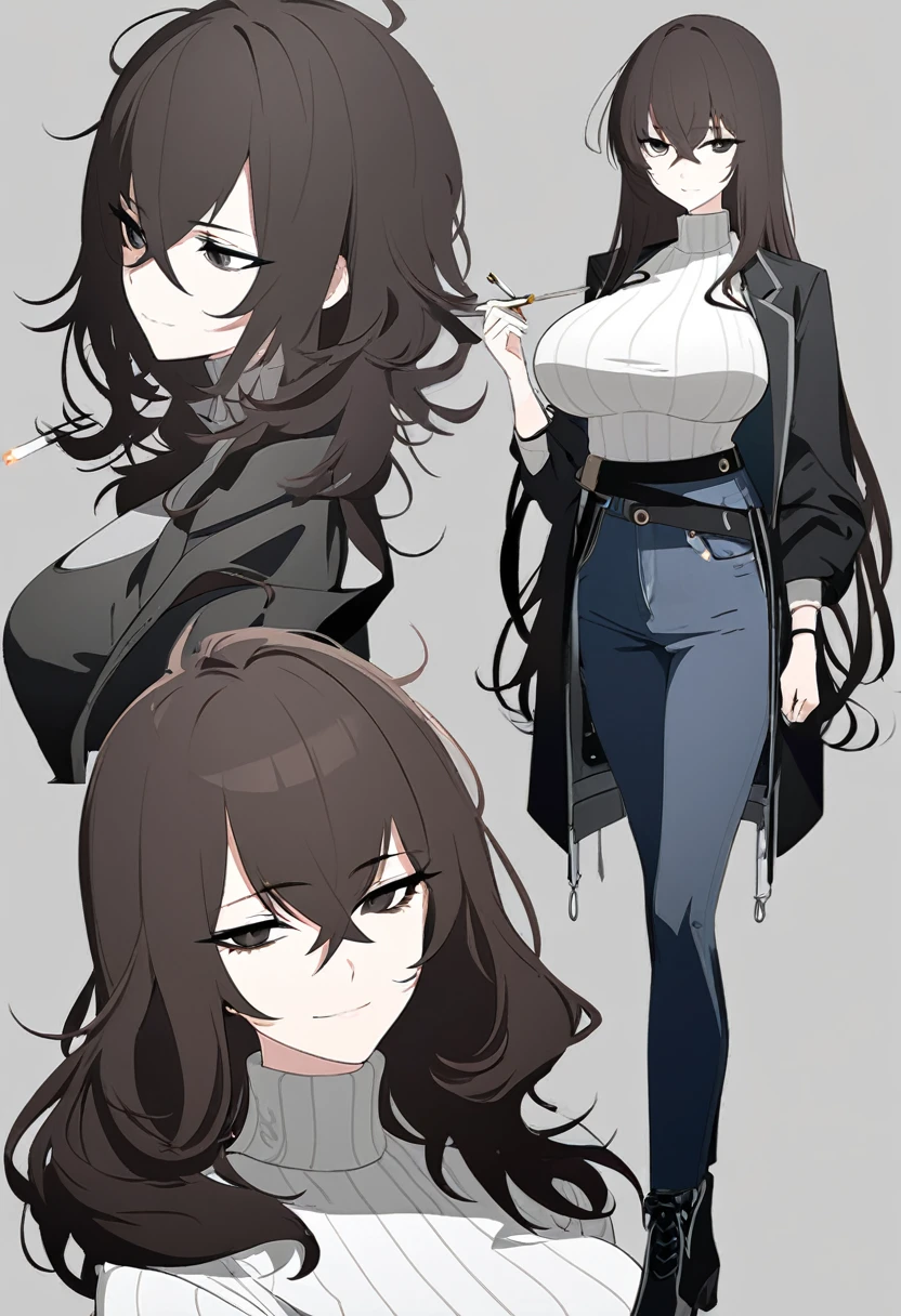 One Woman,Downer,older sister,Concept Art,Dark brown hair,Straight hair with slight inward curls,Staring eyes,Eye Ridge,black eye,Crossed bangs,whole body,smile,Larger breasts,Gray background,Bangs that reach down to the eyes,Messy hair,Perfect dark jeans,White turtleneck sweater,Multiple views of the same character,Character Design,Dark circles under the eyes,Bad look,Listless,Sloppy,accessories,Arknights Wind,Cafe staff,Holding a cigarette,whole bodyCharacter Design,