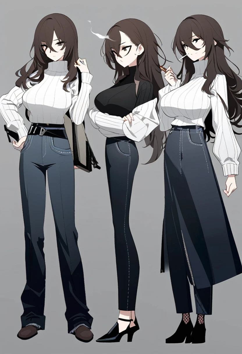 One Woman,Downer,older sister,Concept Art,Dark brown hair,Straight hair with slight inward curls,Staring eyes,Eye Ridge,black eye,Crossed bangs,whole body,smile,Larger breasts,Gray background,Bangs that reach down to the eyes,Messy hair,Perfect dark jeans,White turtleneck sweater,Multiple views of the same character,Character Design,Dark circles under the eyes,Bad look,Listless,Sloppy,accessories,Arknights Wind,Cafe staff,Holding a cigarette,whole bodyCharacter Design,