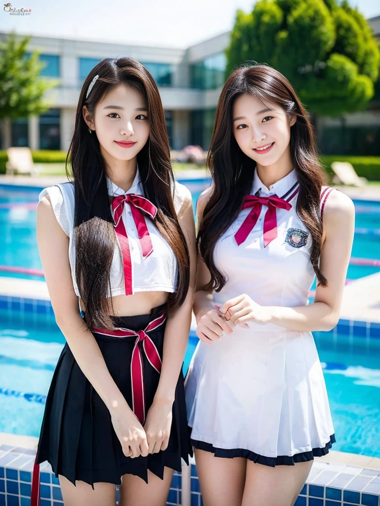 (Two super cute Korean high school girls take a photo together 1.2)(To laugh out loud:1.2)(Beautiful Sweat:1.1)(16k, RAW Photos, highest quality, masterpiece: 1.2),(Mr.々Beautiful blonde with a stylish hairstyle:1.2) Super detailed, Super Resolution, (Genuine, Genuine photos: 1.37), Portraiture, High-resolution RAW color photos, Professional photos, Very detailed, 8k wallpaper, Very detailed CG Unity 8k wallpaper, Very detailed beautiful girls, Very detailed faces, ((whole body)), beautiful woman, Huge breasts,(huge boobs:1.1) (Big Boobs:1.1), Beauty college student (A tight, girly sleeveless with ribbons),high school girl, Korean Girls,(K-POP Female Idols), (Idol-class beauty)(Beautiful high school girl:1.1)(School swimming pool)(18-year-old)(Stylish school uniform-style outfit for summer:1.1)(Group photo:1.2)(Splash:1.1)
