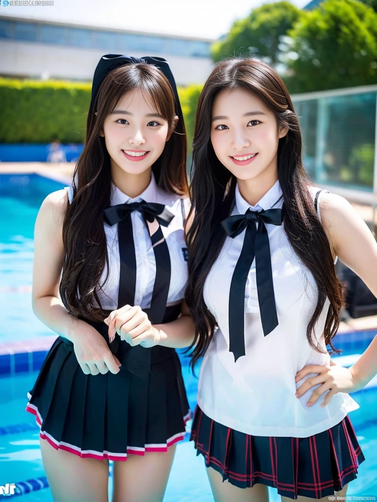 (Two super cute Korean high school girls take a photo together 1.2)(To laugh out loud:1.2)(Beautiful Sweat:1.1)(16k, RAW Photos, highest quality, masterpiece: 1.2),(Mr.々Beautiful blonde with a stylish hairstyle:1.2) Super detailed, Super Resolution, (Genuine, Genuine photos: 1.37), Portraiture, High-resolution RAW color photos, Professional photos, Very detailed, 8k wallpaper, Very detailed CG Unity 8k wallpaper, Very detailed beautiful girls, Very detailed faces, ((whole body)), beautiful woman, Huge breasts,(huge boobs:1.1) (Big Boobs:1.1), Beauty college student (A tight, girly sleeveless with ribbons),high school girl, Korean Girls,(K-POP Female Idols), (Idol-class beauty)(Beautiful high school girl:1.1)(School swimming pool)(18-year-old)(Stylish school uniform-style outfit for summer:1.1)(Group photo:1.2)(Splash:1.1)