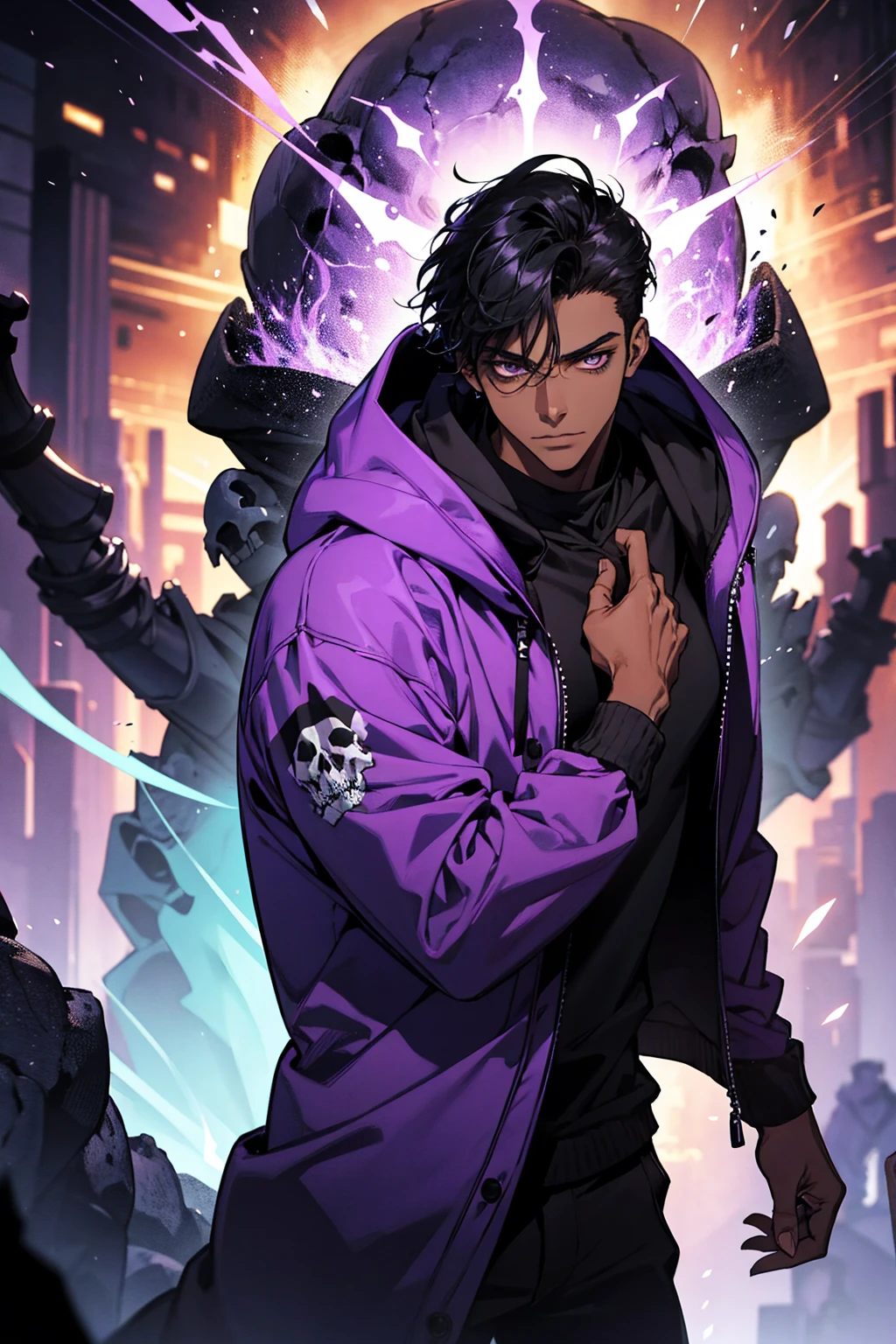 male with bones, looking away from camera, skulls, bones, handsome, black, dark skin, tall, broad shoulders, black hair, purple, purple fire, magic, detailed face, fantasy, hoodie
