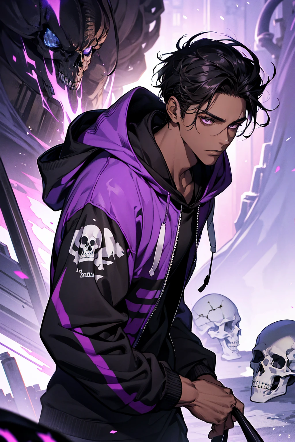 male with bones, looking away from camera, skulls, bones, handsome, black, dark skin, tall, broad shoulders, black hair, purple, purple fire, magic, detailed face, fantasy, hoodie