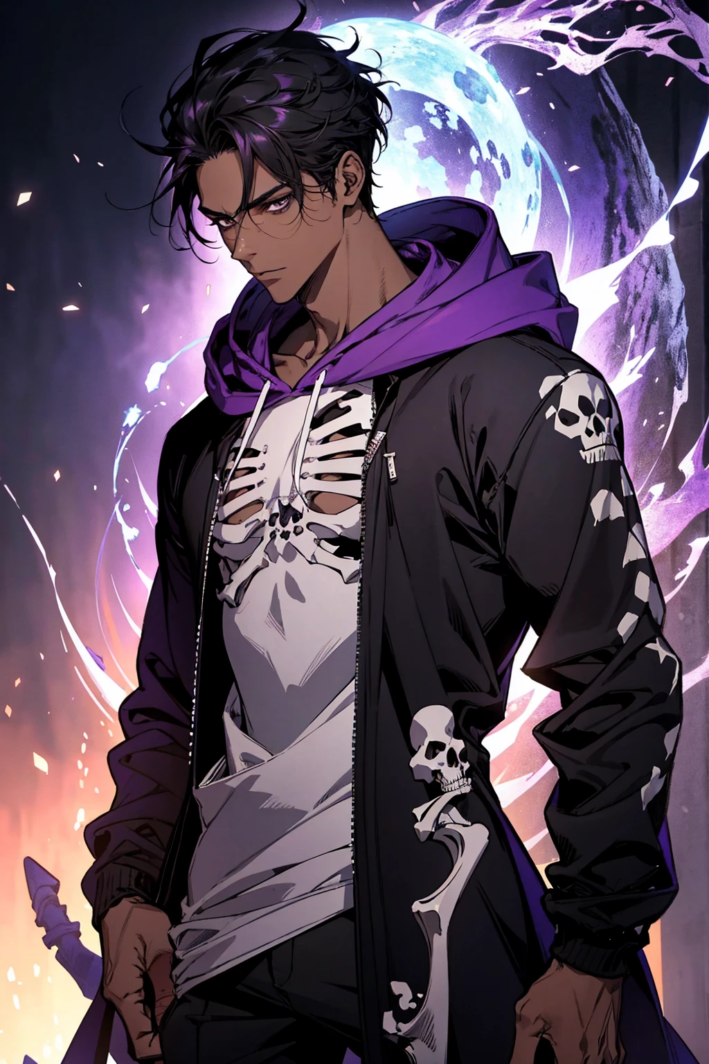 male with bones, looking away from camera, skulls, bones, handsome, black, dark skin, tall, broad shoulders, black hair, purple, purple fire, magic, detailed face, fantasy, hoodie