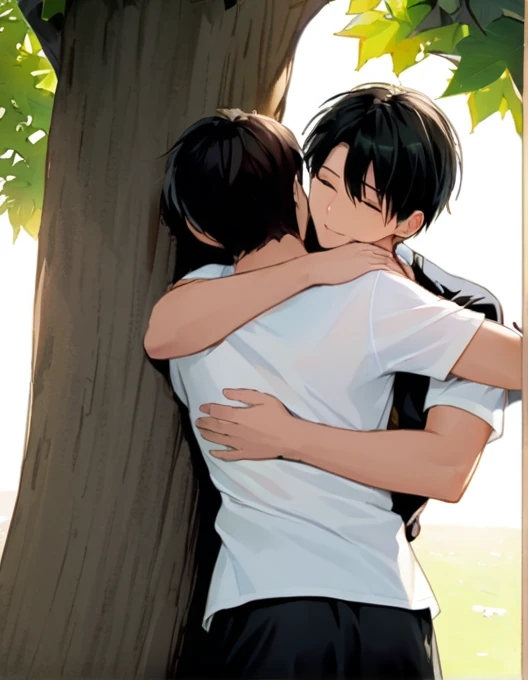 (1.1)2 men(1.2)Hug each other under the tree(1.3 Wear a white, short-sleeved shirt.(1.4)Wear black shorts