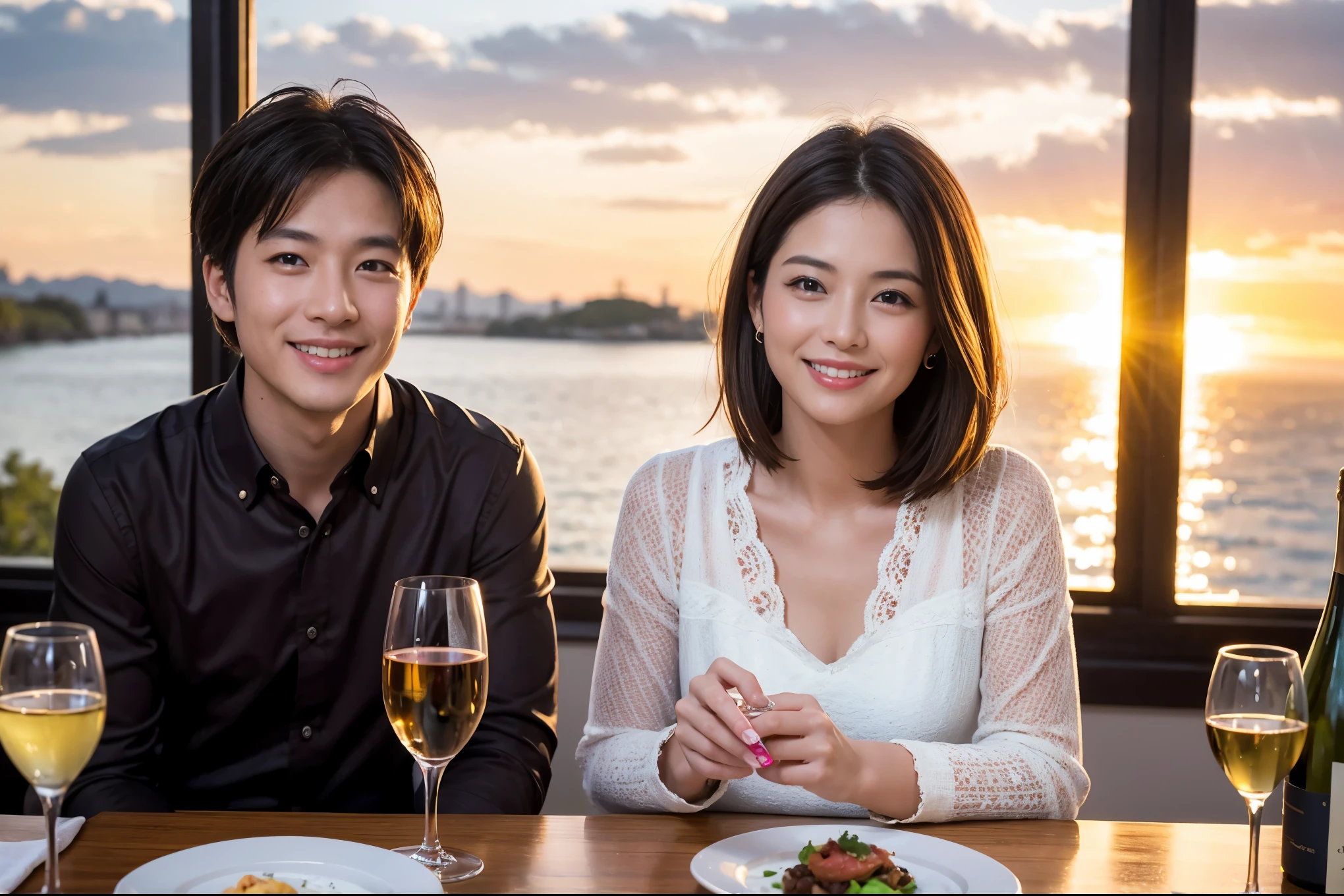 ((highest quality、8k、masterpiece:1.3))、 (Genuineistic, Genuine、Bright image、Intricate details:1.2), 最高のsmile 男性1人 女性1人、Beautiful couple、spouse、Engaged Couple、family、actresodel、smile、full-course dinner、 (Slim face), (the body is slim), (Brown Hair), (short hair), テーブルの上のwine glass、Please shine a light on my face、 Amazing view of the sunset sky and clouds、 (Age 37), 41 years old, red wine 、Appetizers、Wine bottle、sparkling wine、Long sleeve shirt、dress、White wine, red wine, wine glass,