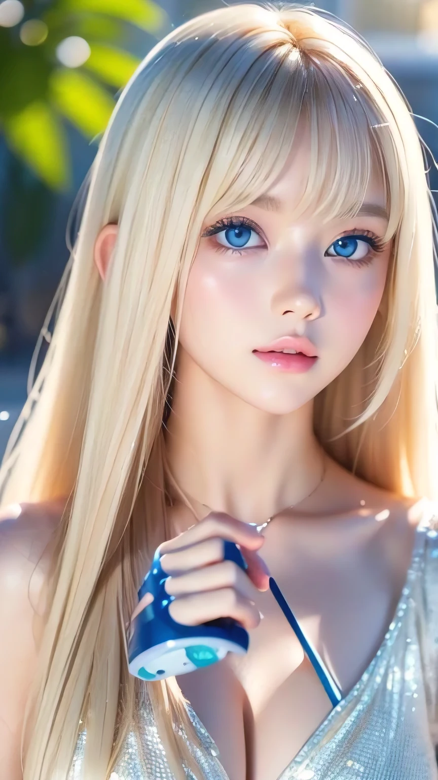 White shiny skin、Blonde hair color that changes with light、Long bangs obstruct the view、Glossy highlight on cheeks、The most beautiful face in the world、Super long gorgeous blonde hair、Smooth straight hair、Ample Bust、Large, sparkling, light blue eyes、Beautiful bangs、Beautiful cute girl 、Round face、Small Face Beauty、Cheek highlighter