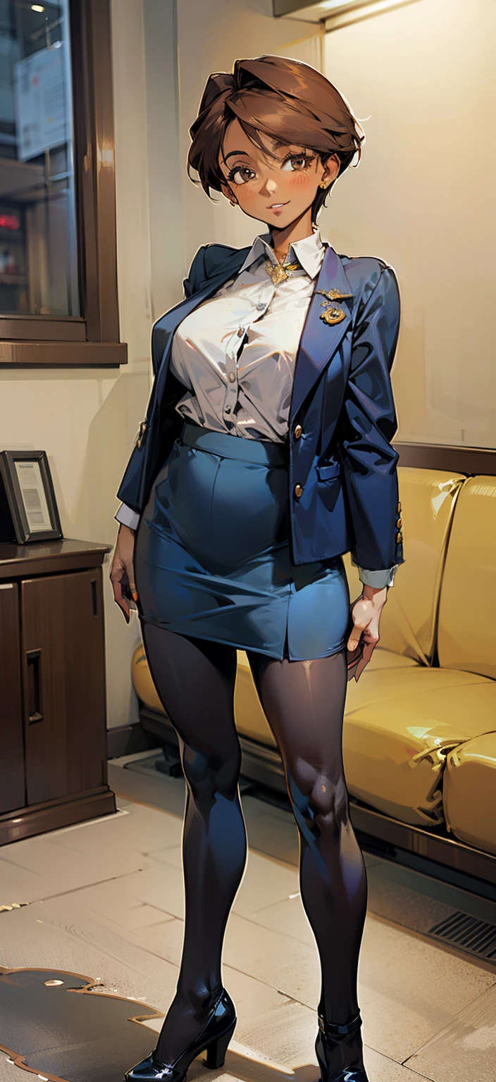 Night time, heat after rape,(Masterpiece), Best Quality, ultra-detailed, MIZUKITO, TAN, dark skin, naked body, EARRINGS, slender and sexy body, 1girl, solo, business suits,  jacket(dark blue),  tight skirt(dark blue),  brown pantyhose, in the livingroom , facing viewer, looking at viewer, smile, parted lips, standing,  Sexy waist teasing, mature women, a 40-year-old married woman, the mother of a friend, Full-body, 