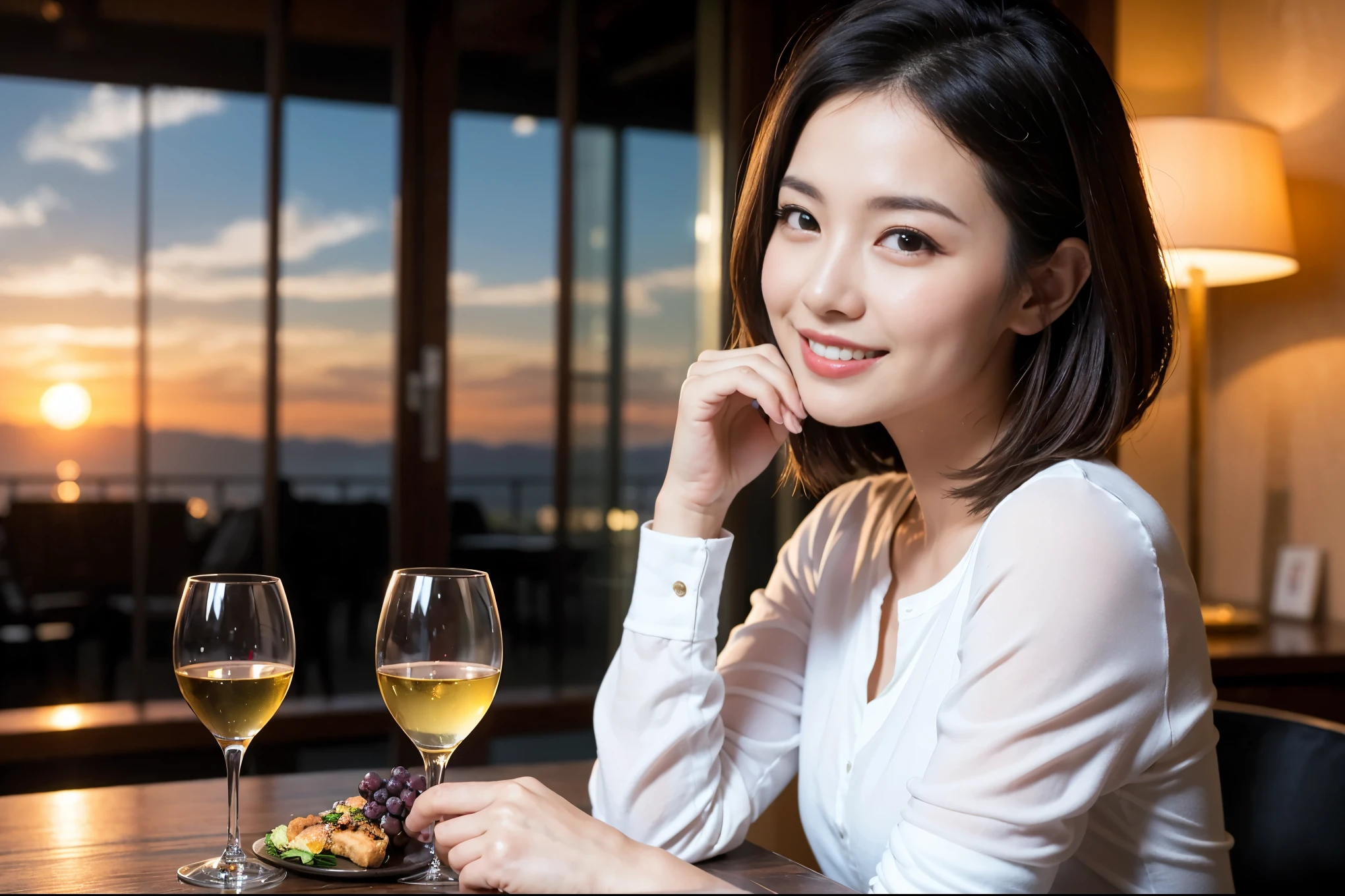 ((highest quality、8k、masterpiece:1.3))、 (Genuineistic, Genuine、Bright image、Intricate details:1.2), 最高のsmile 男性1人 女性1人、Beautiful couple、spouse、Engaged Couple、family、actresodel、smile、full-course dinner、 (Slim face), (the body is slim), (Brown Hair), (short hair), テーブルの上のwine glass、Please shine a light on my face、 Amazing view of the sunset sky and clouds、 (Age 37), 41 years old, red wine 、Appetizers、Wine bottle、sparkling wine、Long sleeve shirt、dress、White wine, red wine, wine glass, 