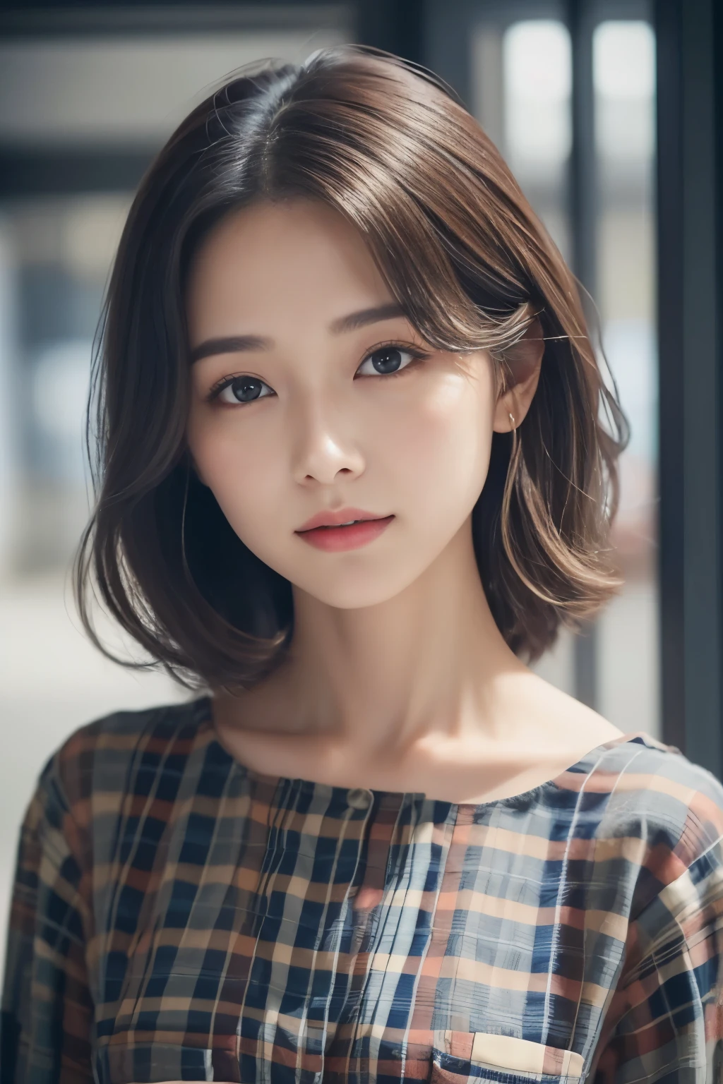jeans、Plaid check shirt、Pump、a delicate face、Detailed lips、Delicate eyes、Smooth and radiant skin、The only person
