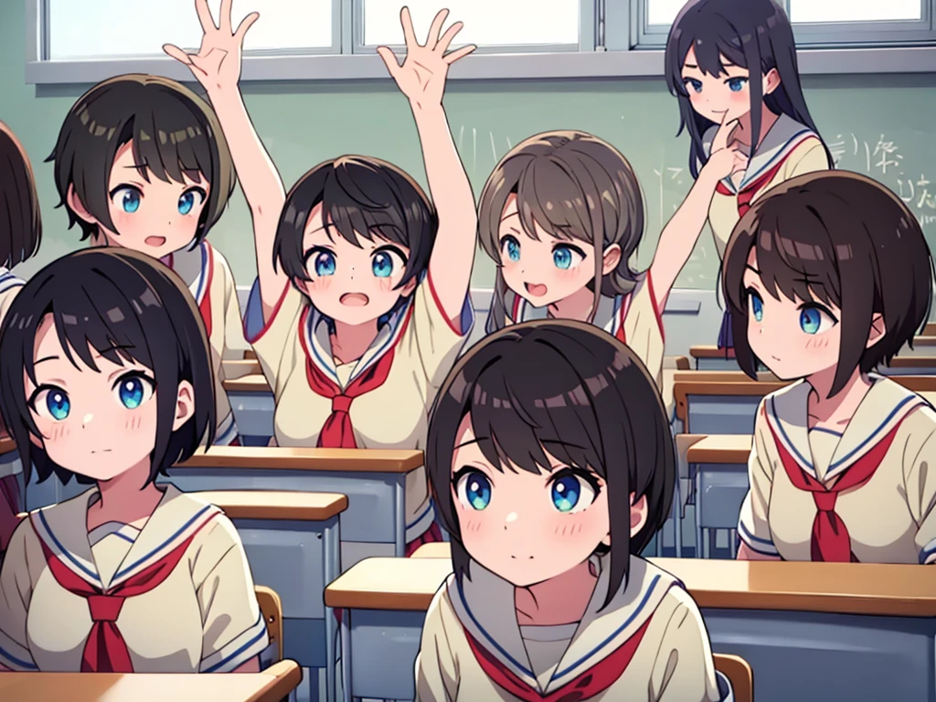 classroom、6 girls、look clearly、popular、be approached、lure、Looking up、School